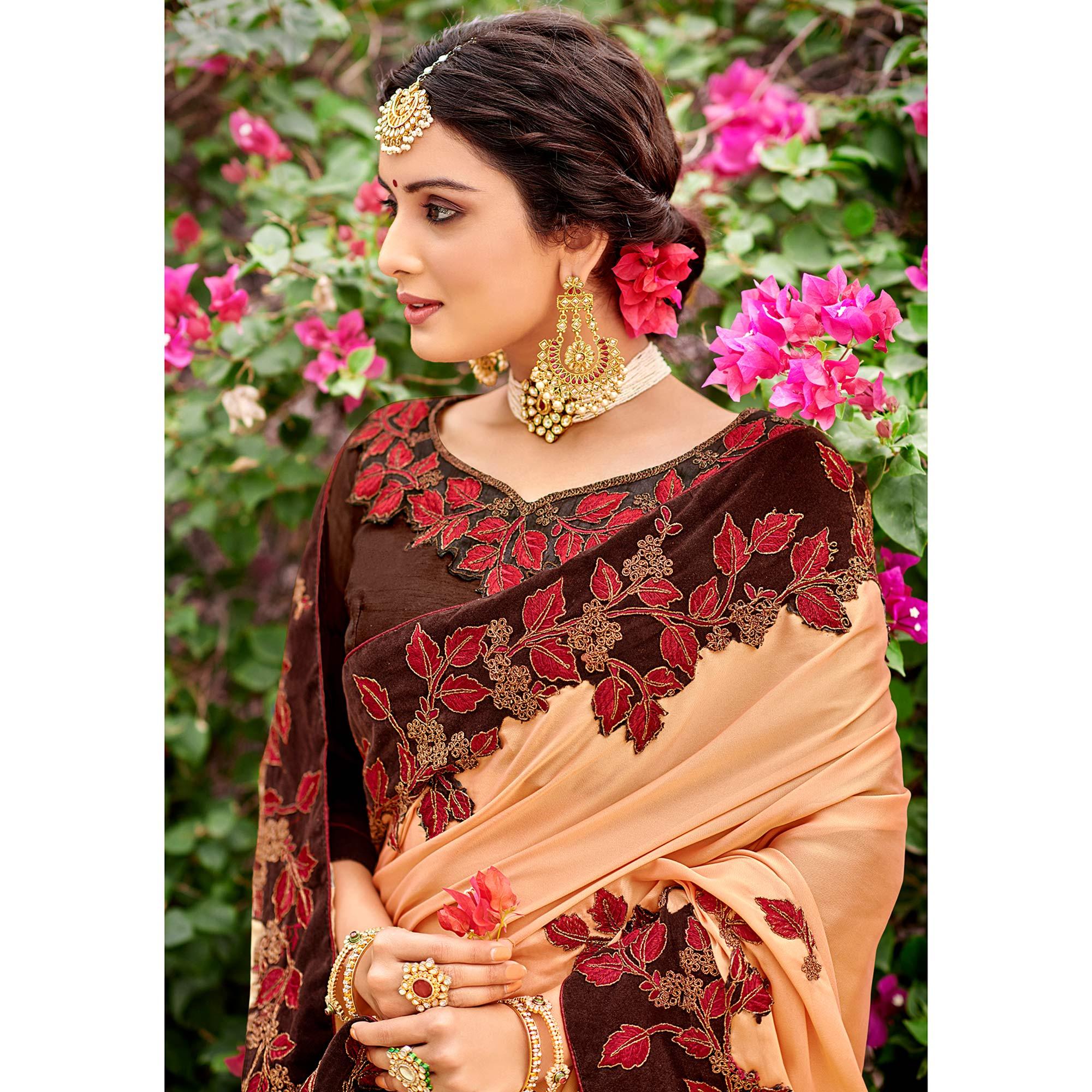 Captivating Peach Colored Party Wear Embroidered Satin-Georegtte Saree - Peachmode