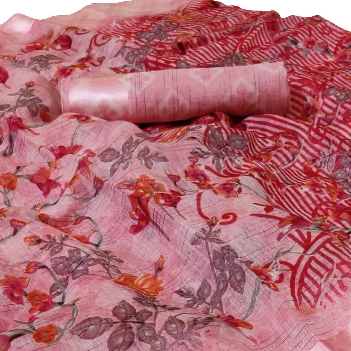 Captivating Pink Colored Casual Wear Floral Printed Linen Saree - Peachmode