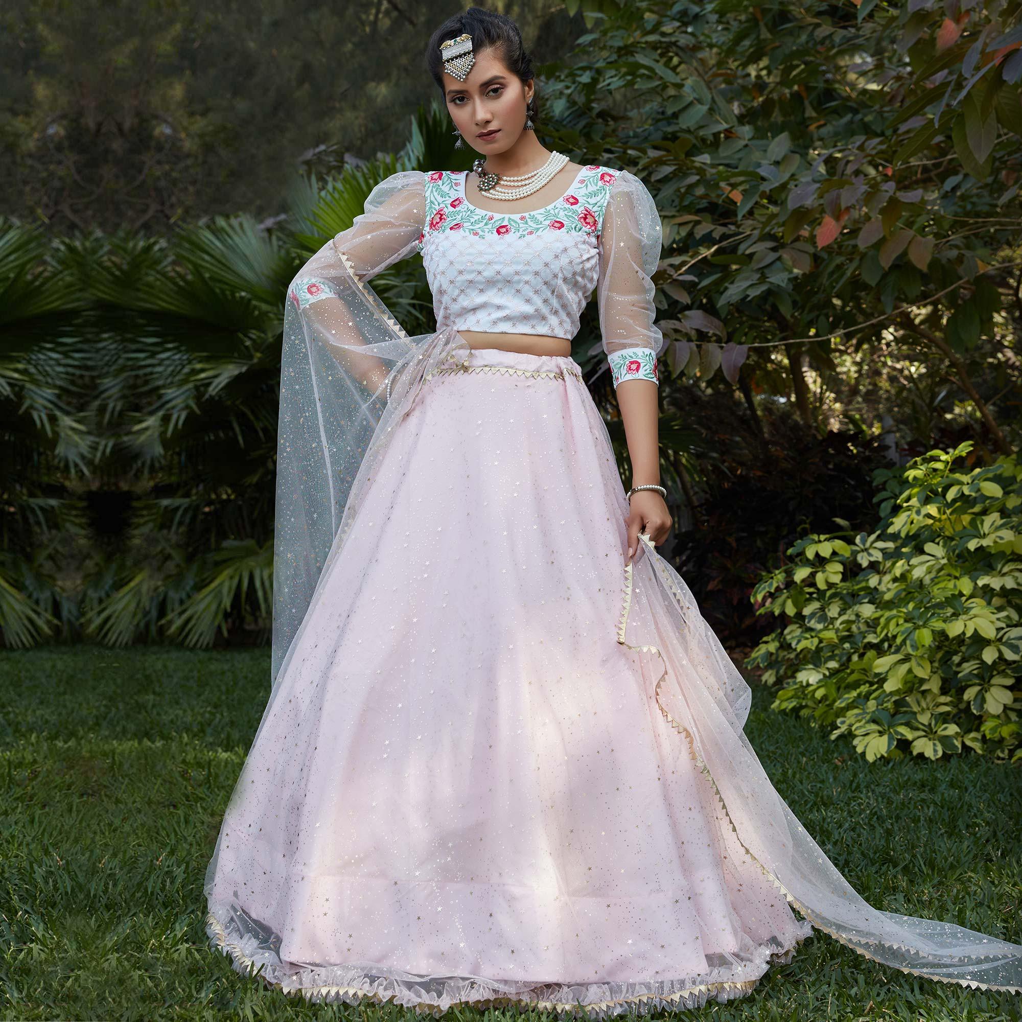 Captivating Pink Coloured Metallic Foil Printed Net Lehenga Choli - Peachmode