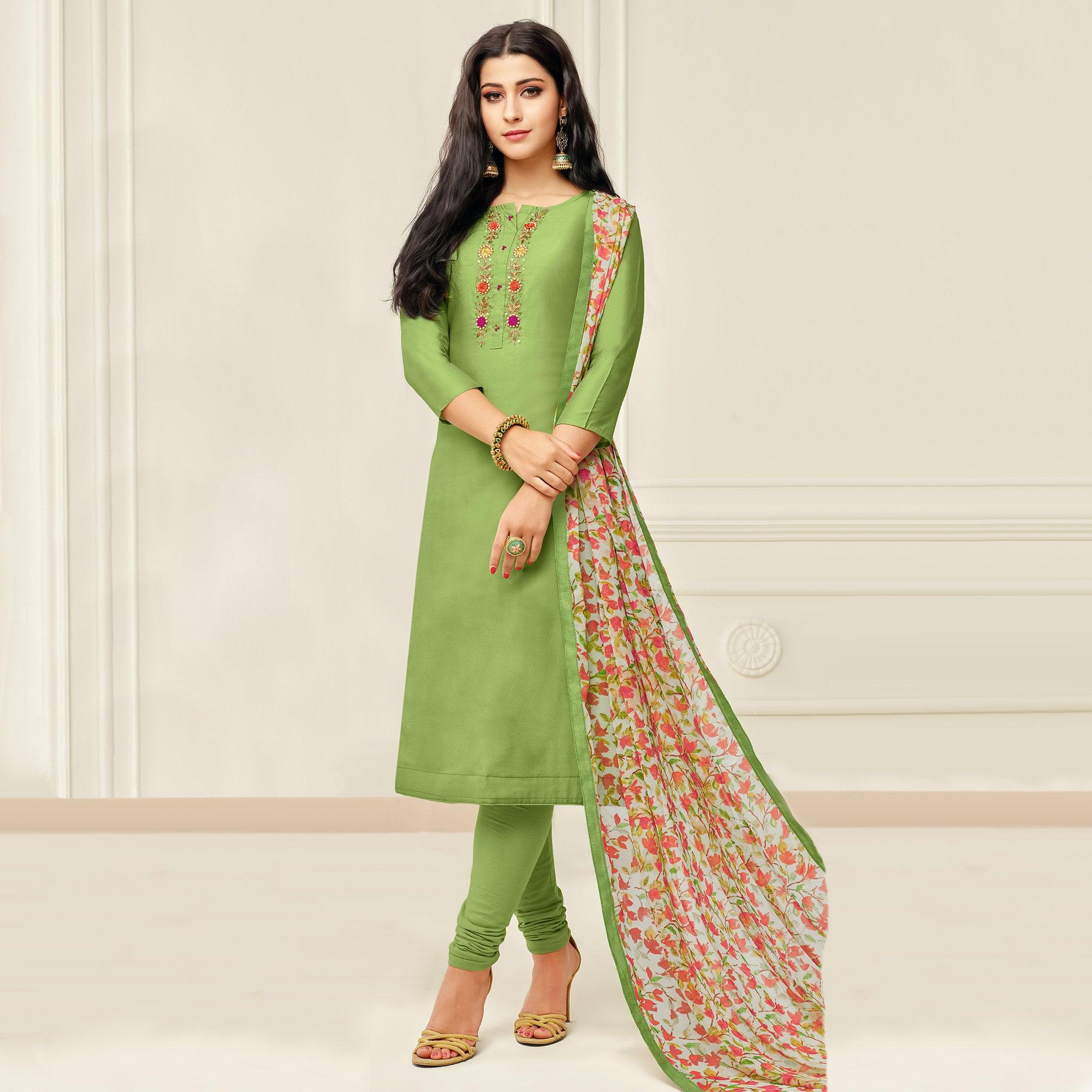 Captivating Pista Green Colored Casual Wear Embroidered Chanderi Dress Material - Peachmode