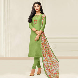 Captivating Pista Green Colored Casual Wear Embroidered Chanderi Dress Material - Peachmode