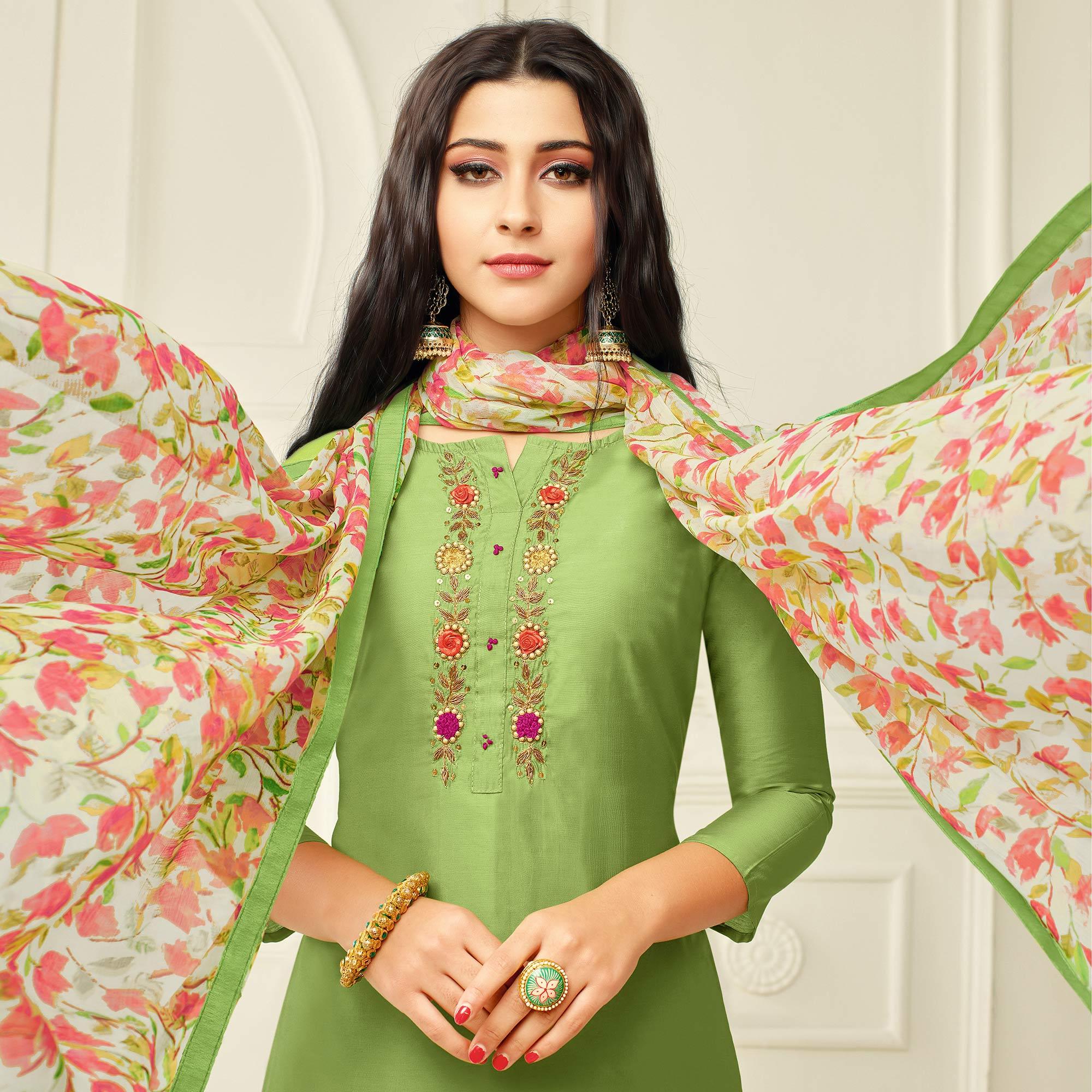 Captivating Pista Green Colored Casual Wear Embroidered Chanderi Dress Material - Peachmode