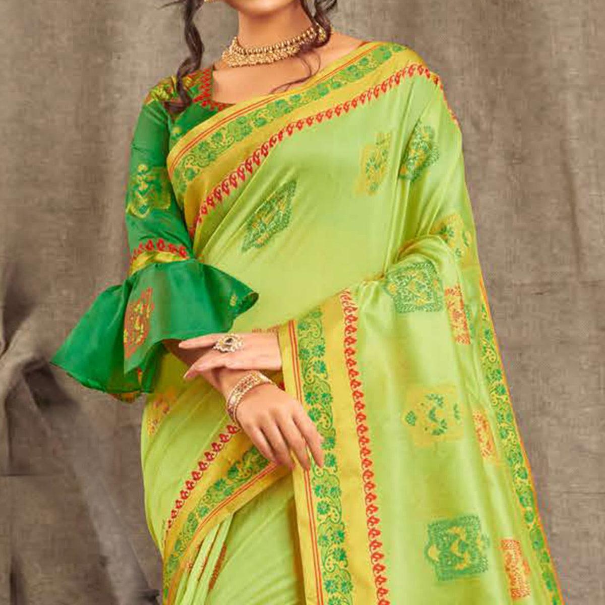Captivating Pista Green Colored Festive Wear Woven Cotton Handloom Saree - Peachmode