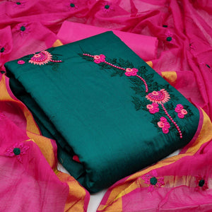 Captivating Rama Colored Casual Wear Embroidered Cotton Dress Material - Peachmode