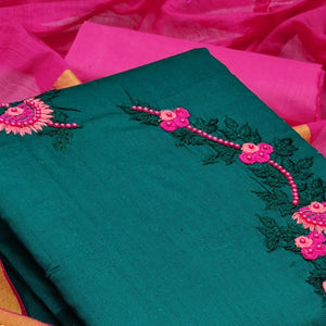 Captivating Rama Colored Casual Wear Embroidered Cotton Dress Material - Peachmode