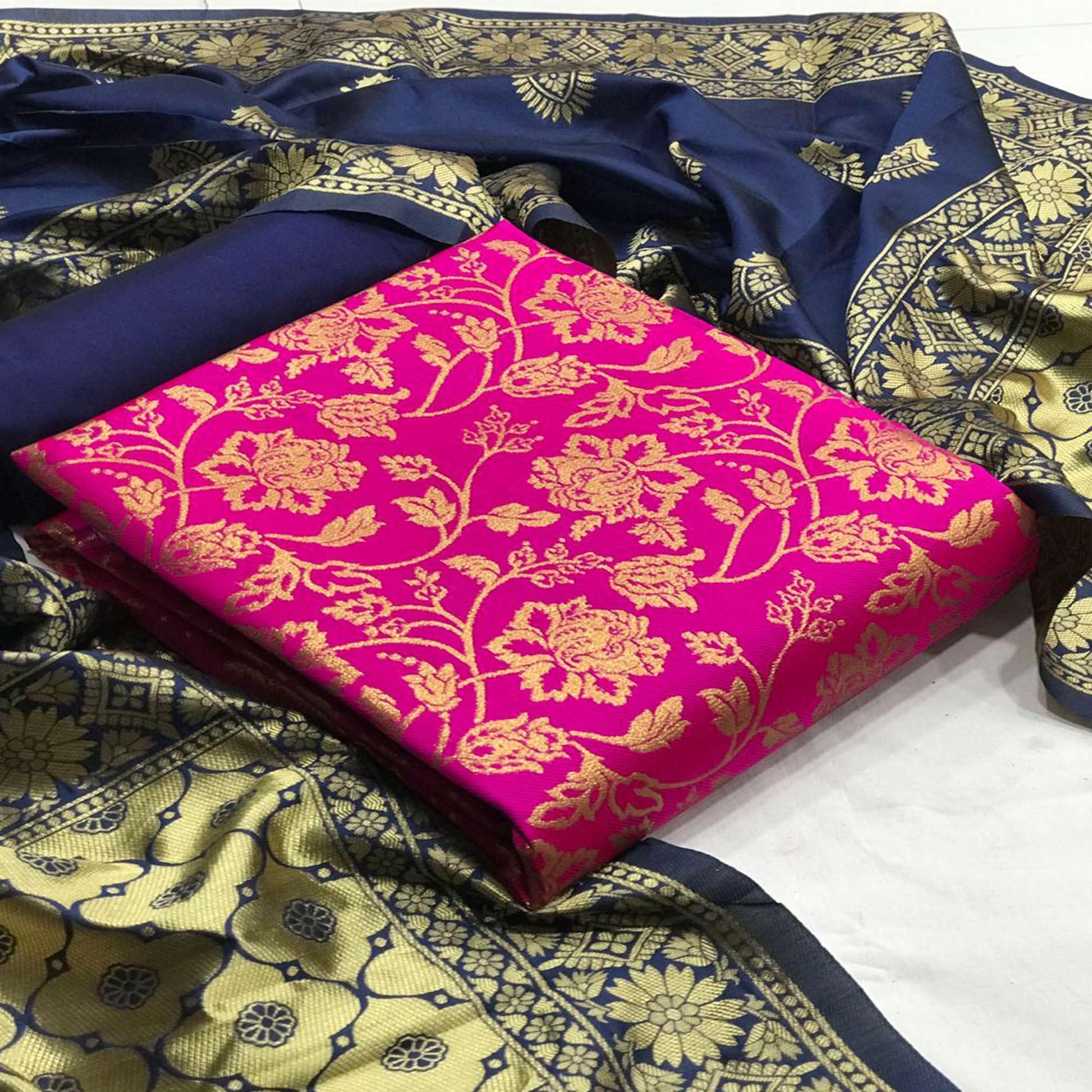 Captivating Rani Colored Casual Wear Woven Banarasi Silk Dress Material - Peachmode