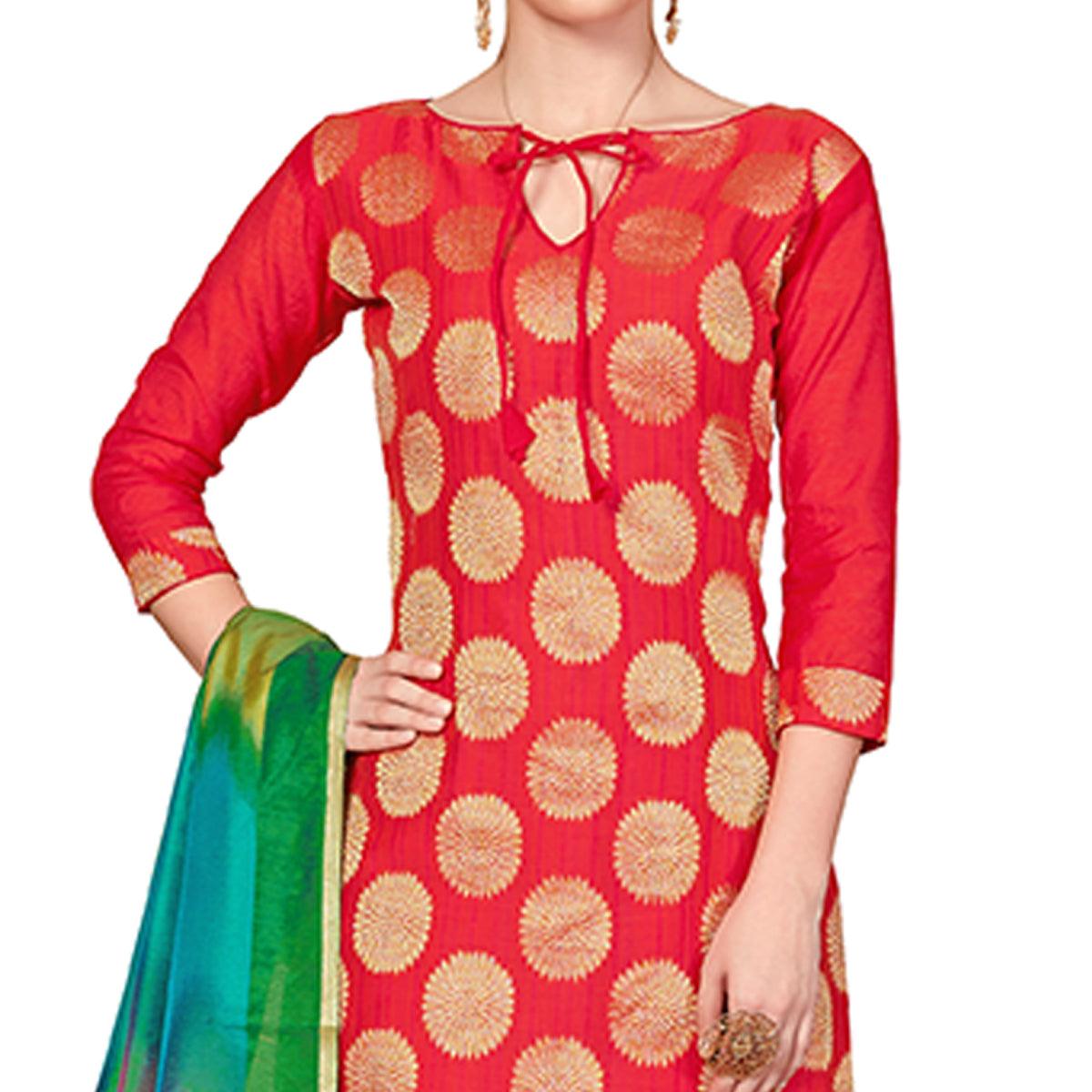 Captivating Red Colored Casual Wear Woven Banarasi Silk Dress Material - Peachmode
