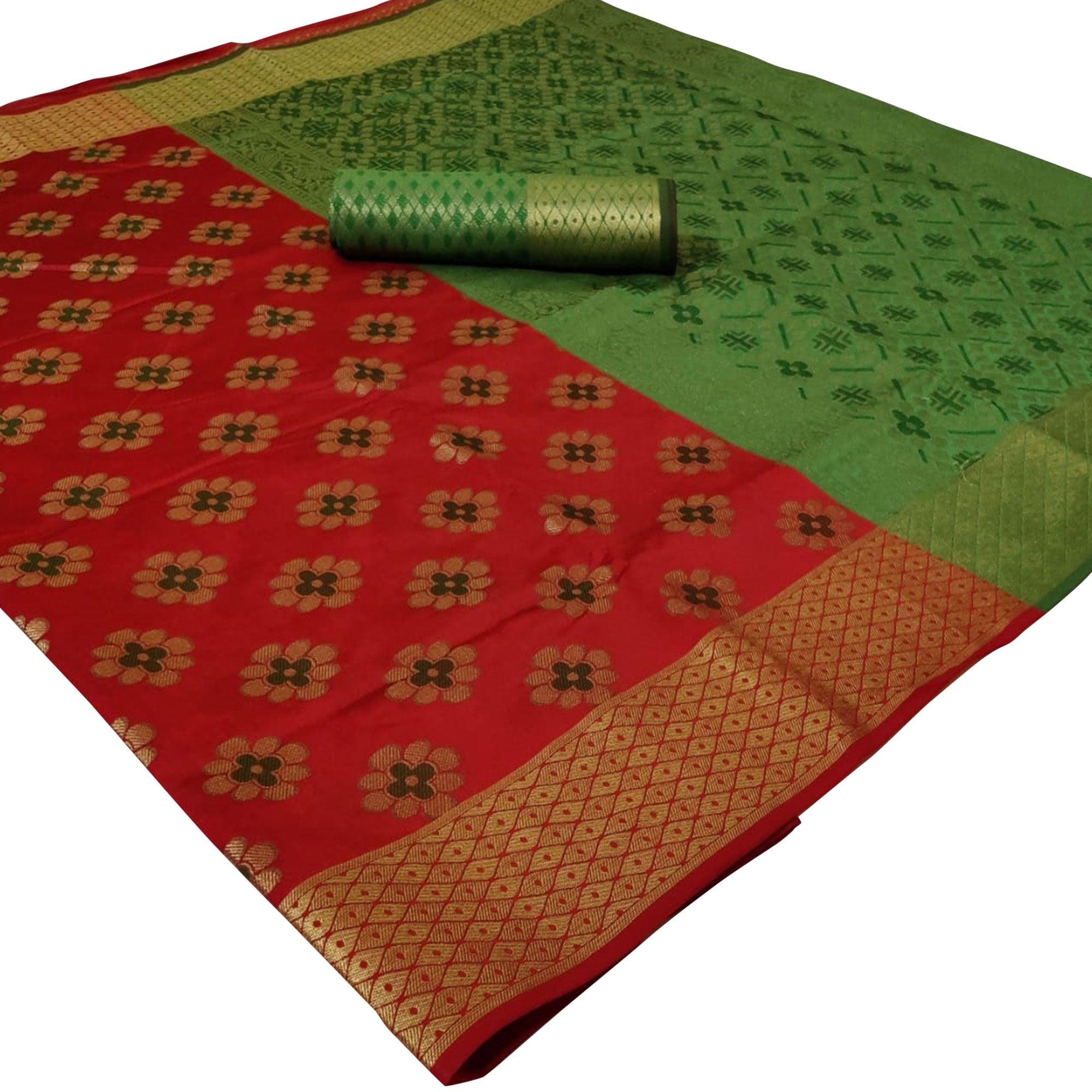 Captivating Red Colored Festive Wear Woven Silk Saree - Peachmode