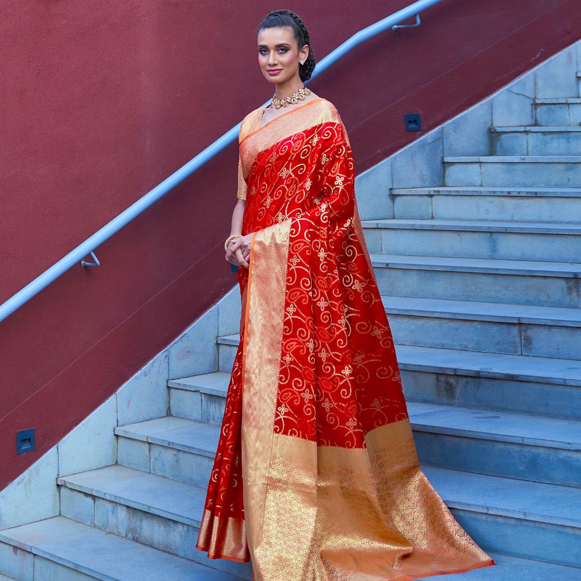 Captivating Red Colored Festive Wear Woven Silk Saree - Peachmode