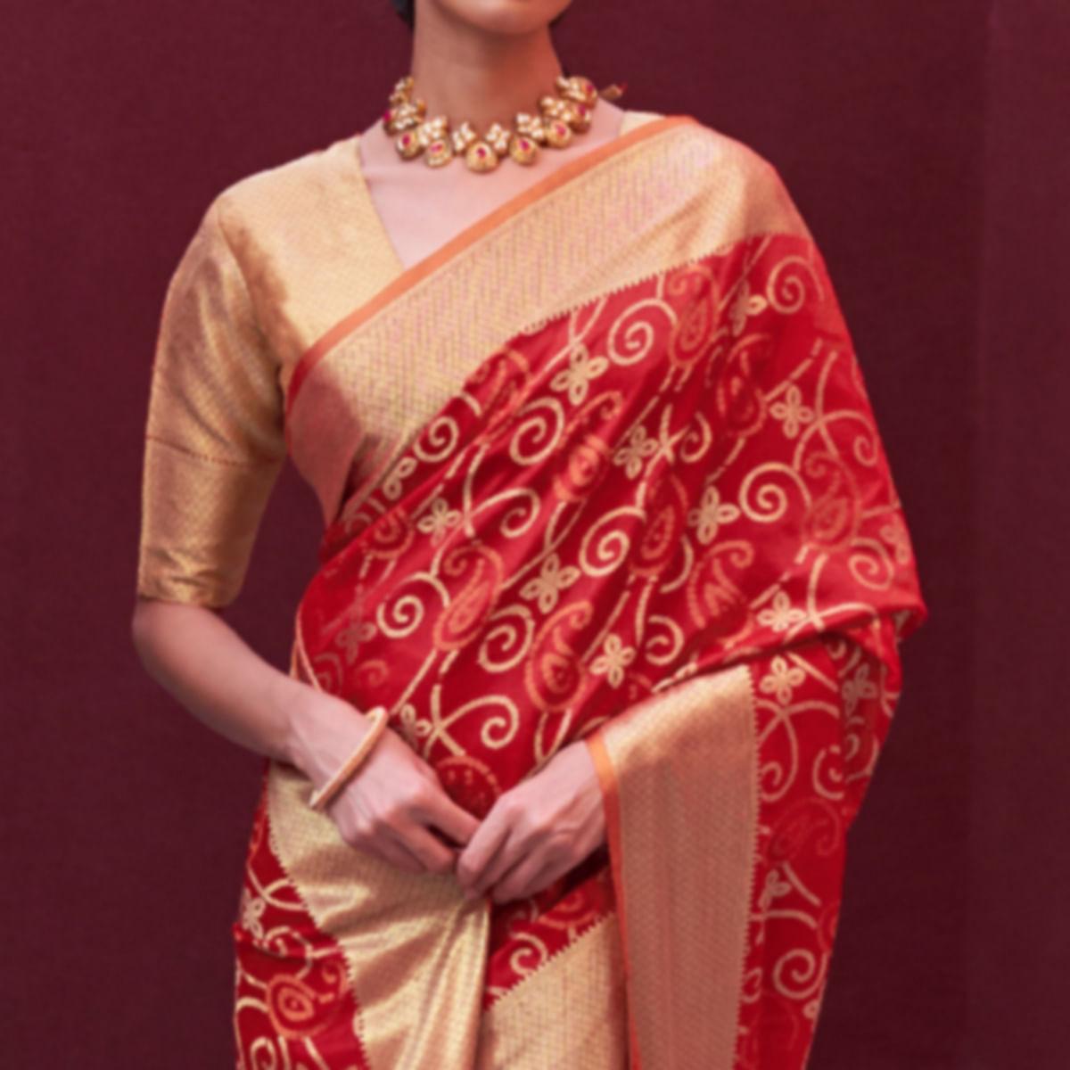Captivating Red Colored Festive Wear Woven Silk Saree - Peachmode