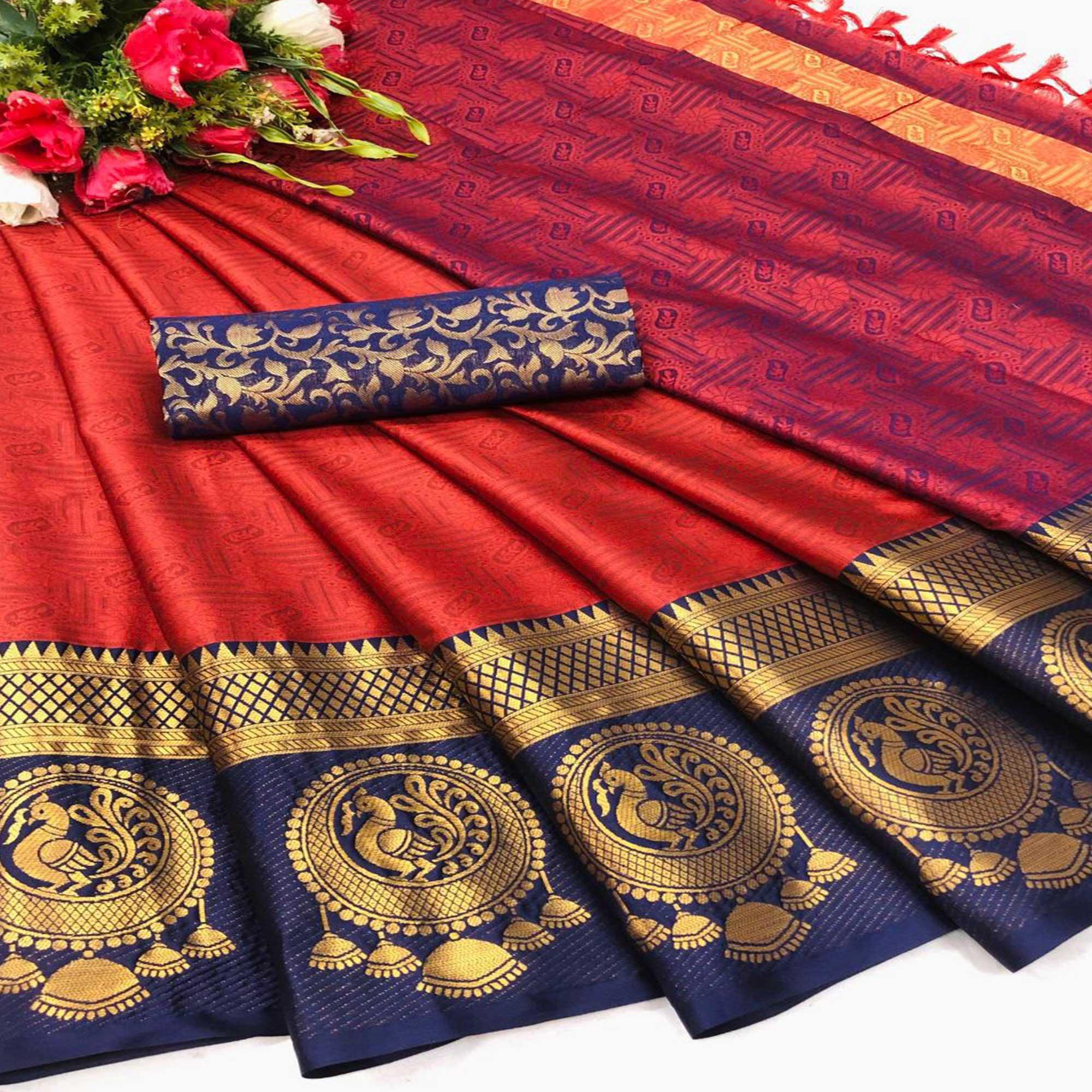 Captivating Red Coloured Casual Wear Printed Self Cotton Silk Saree - Peachmode