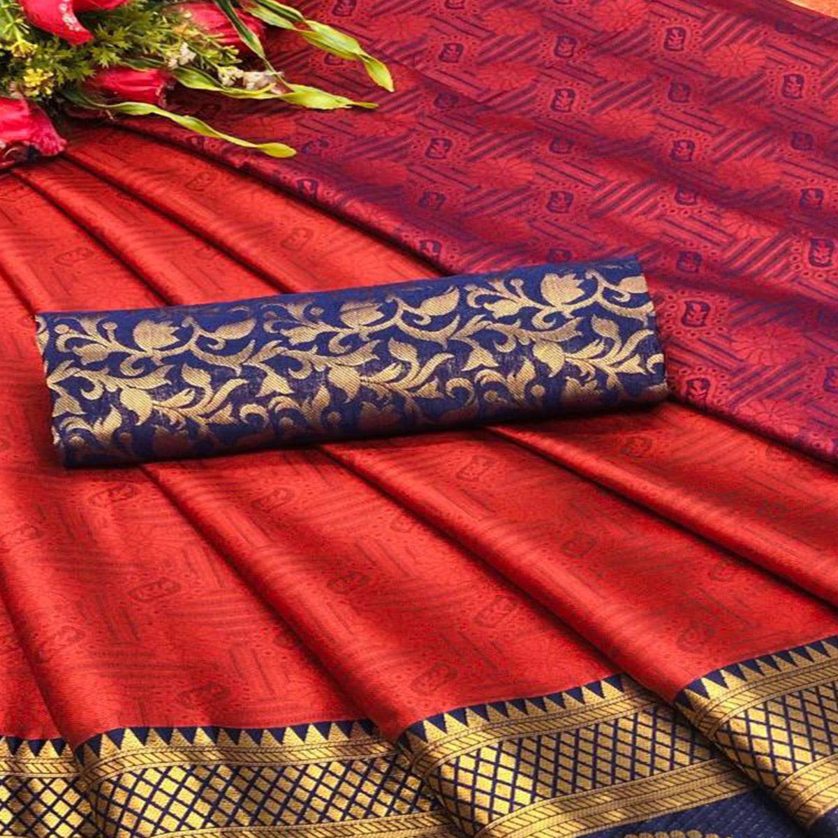 Captivating Red Coloured Casual Wear Printed Self Cotton Silk Saree - Peachmode