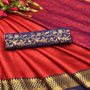 Captivating Red Coloured Casual Wear Printed Self Cotton Silk Saree - Peachmode