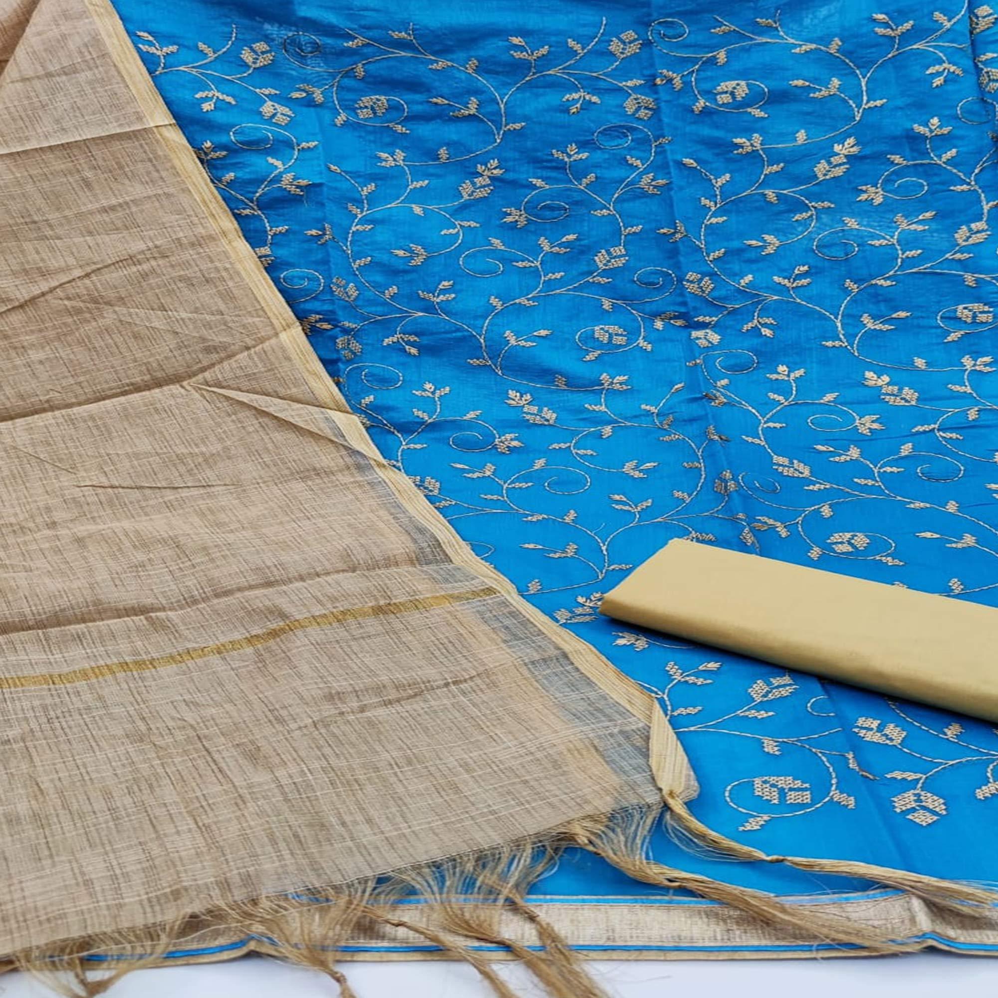 Captivating Sky Blue Colored Casual Wear Embroidered Chanderi Dress Material - Peachmode