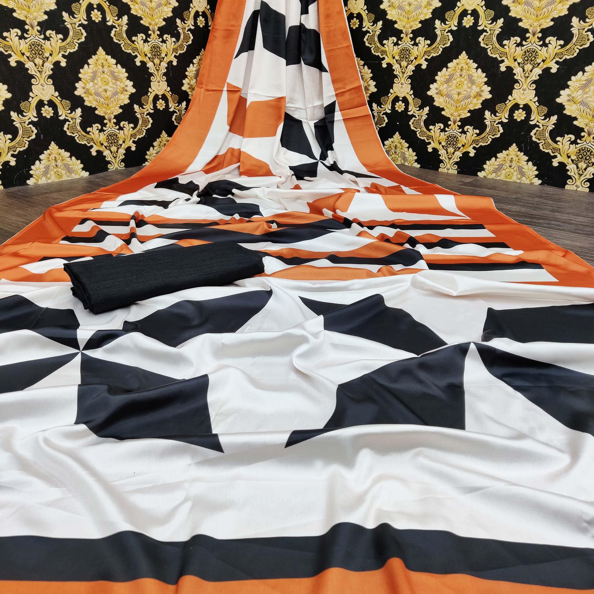Captivating White Colored Casual Wear Digital Printed Satin Saree - Peachmode