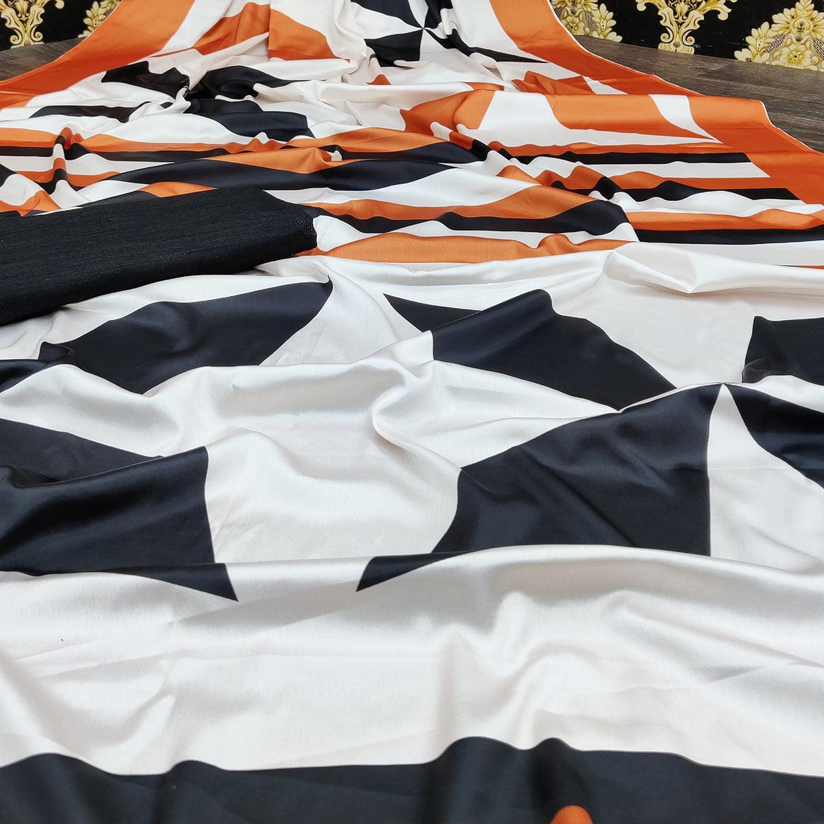 Captivating White Colored Casual Wear Digital Printed Satin Saree - Peachmode