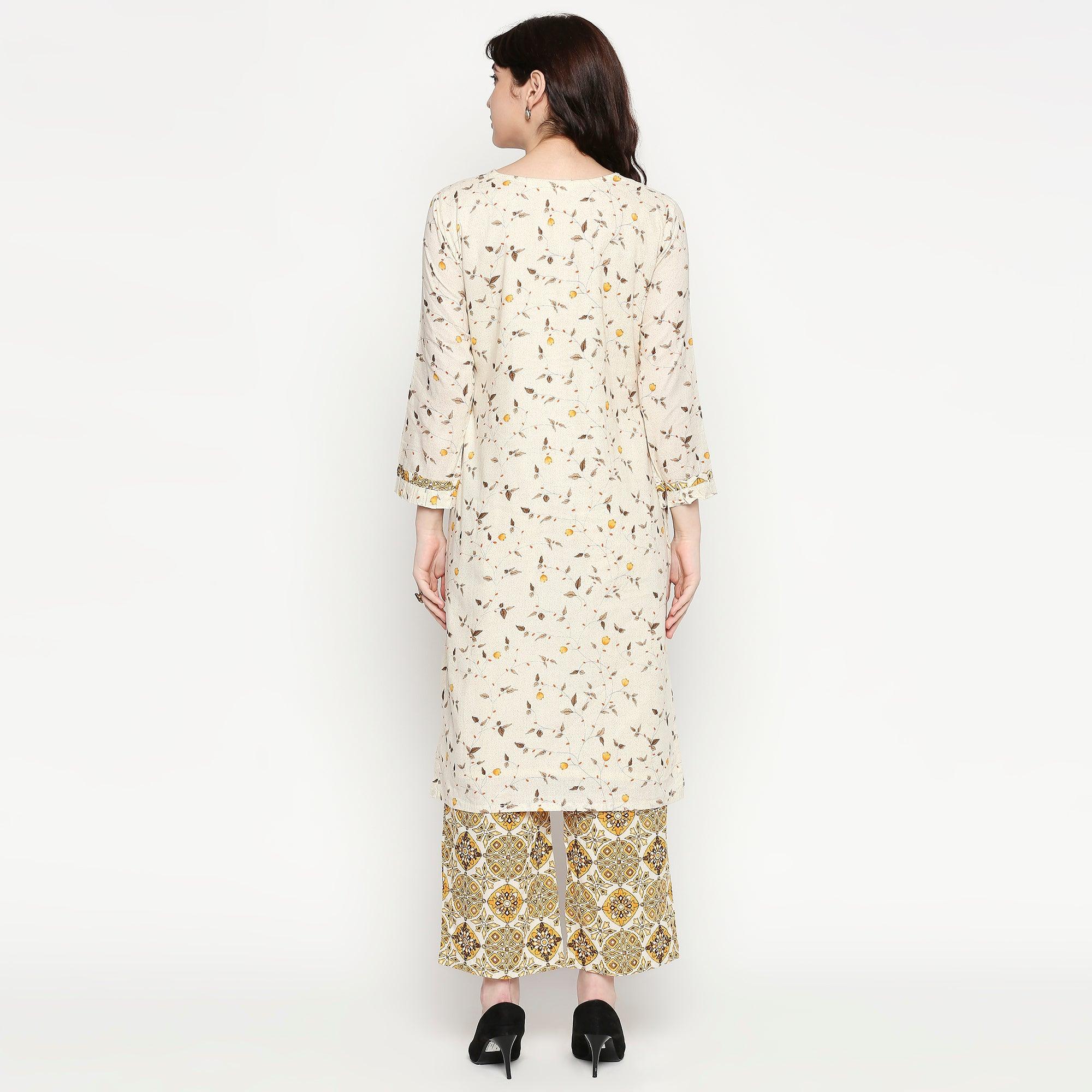 Captivating White Colored Casual Wear Printed Cotton Kurti-Palazzo Set - Peachmode