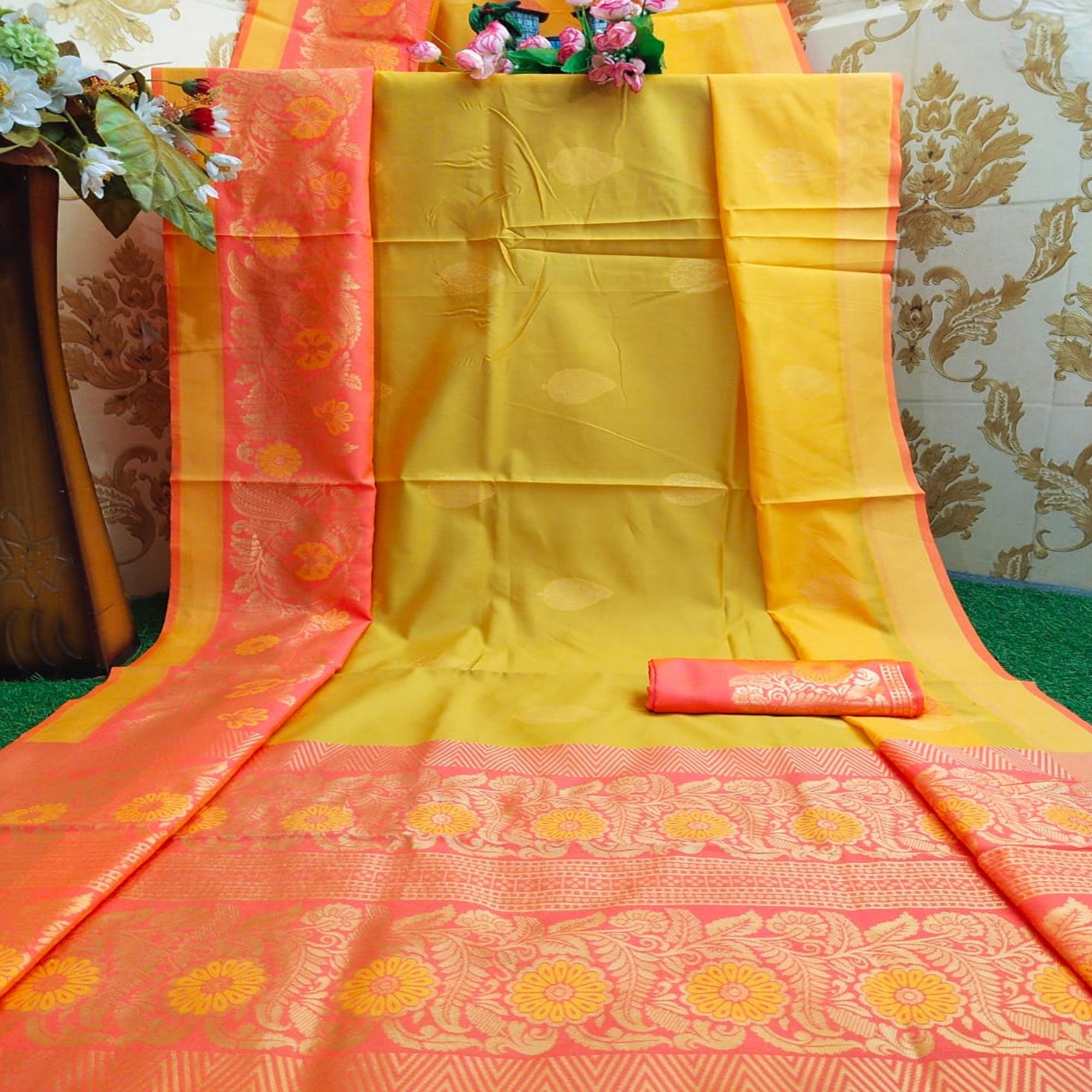 Captivating Yellow Colored Festive Wear Woven Heavy Banarasi Silk Saree - Peachmode