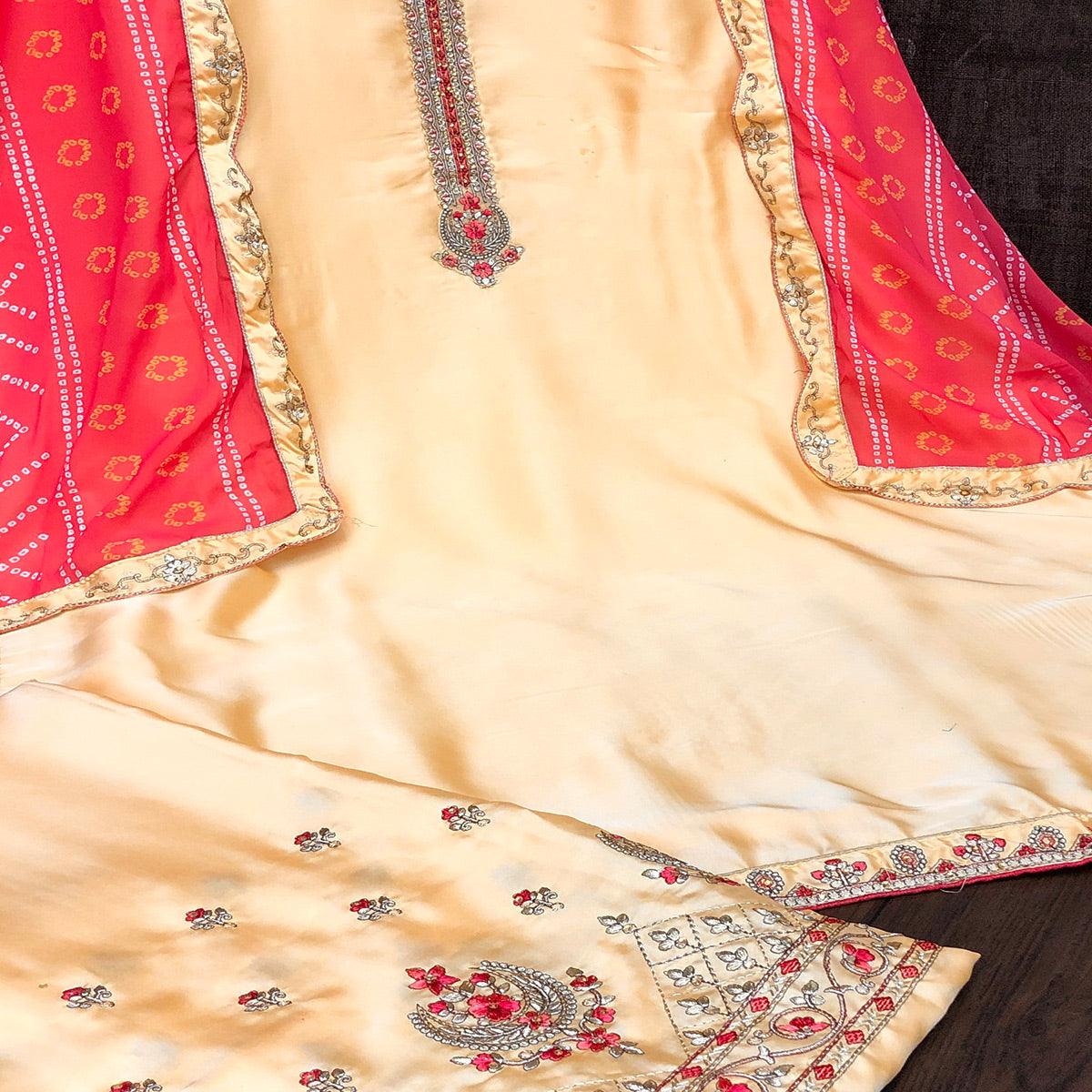 Captivating Yellow Colored Partywear Embroidered Muslin Satin Gharara Suit With Palazzo - Peachmode