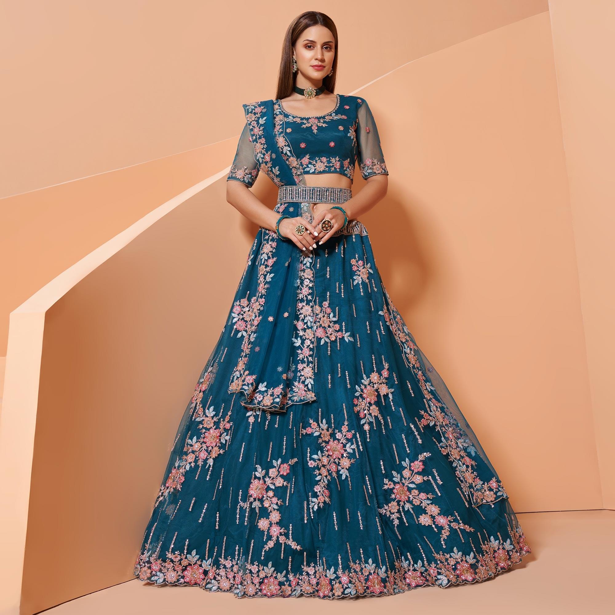 Cerulean Blue Partywear Floral Embroidered Embellished Net Lehenga Choli - Peachmode