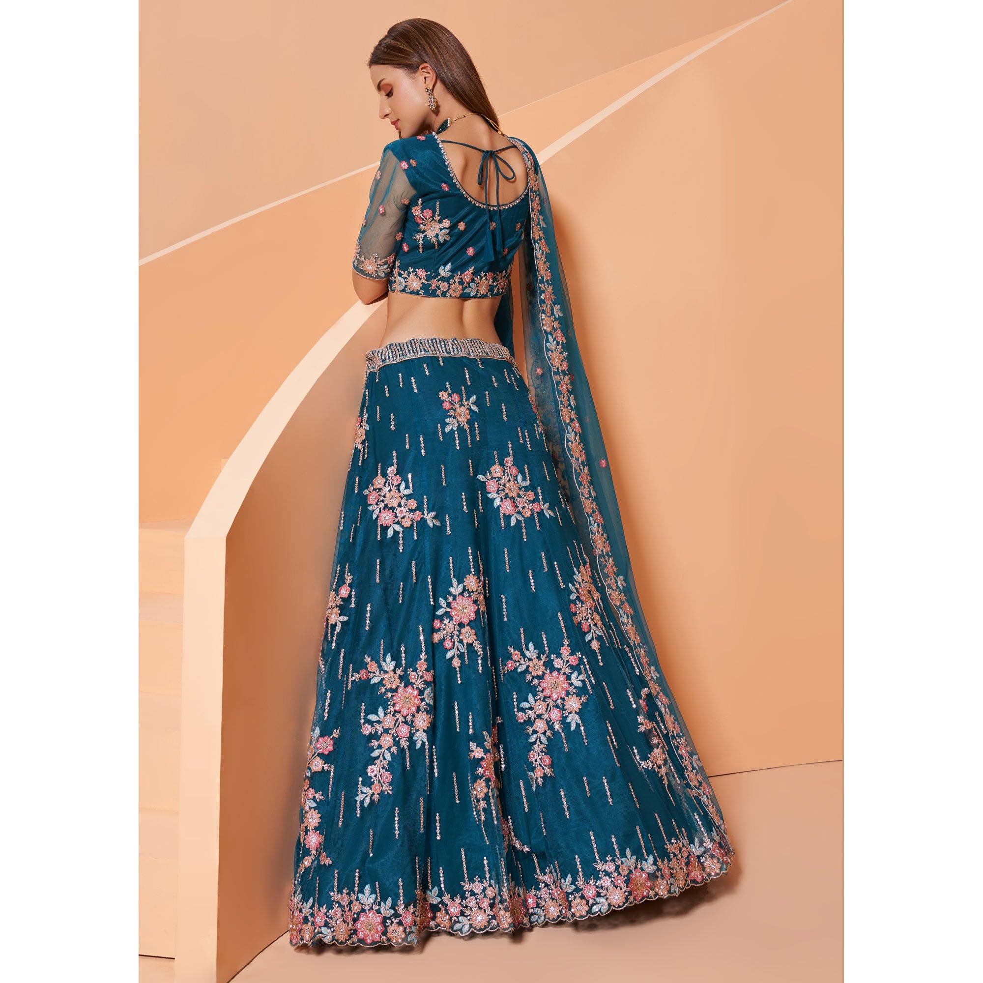 Cerulean Blue Partywear Floral Embroidered Embellished Net Lehenga Choli - Peachmode