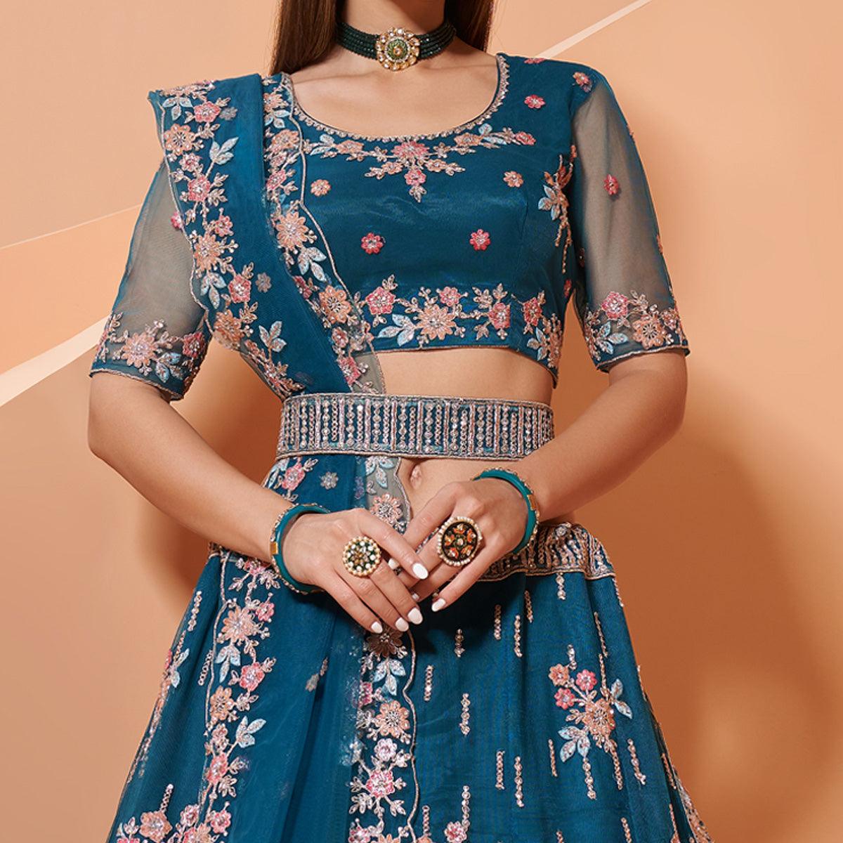 Cerulean Blue Partywear Floral Embroidered Embellished Net Lehenga Choli - Peachmode
