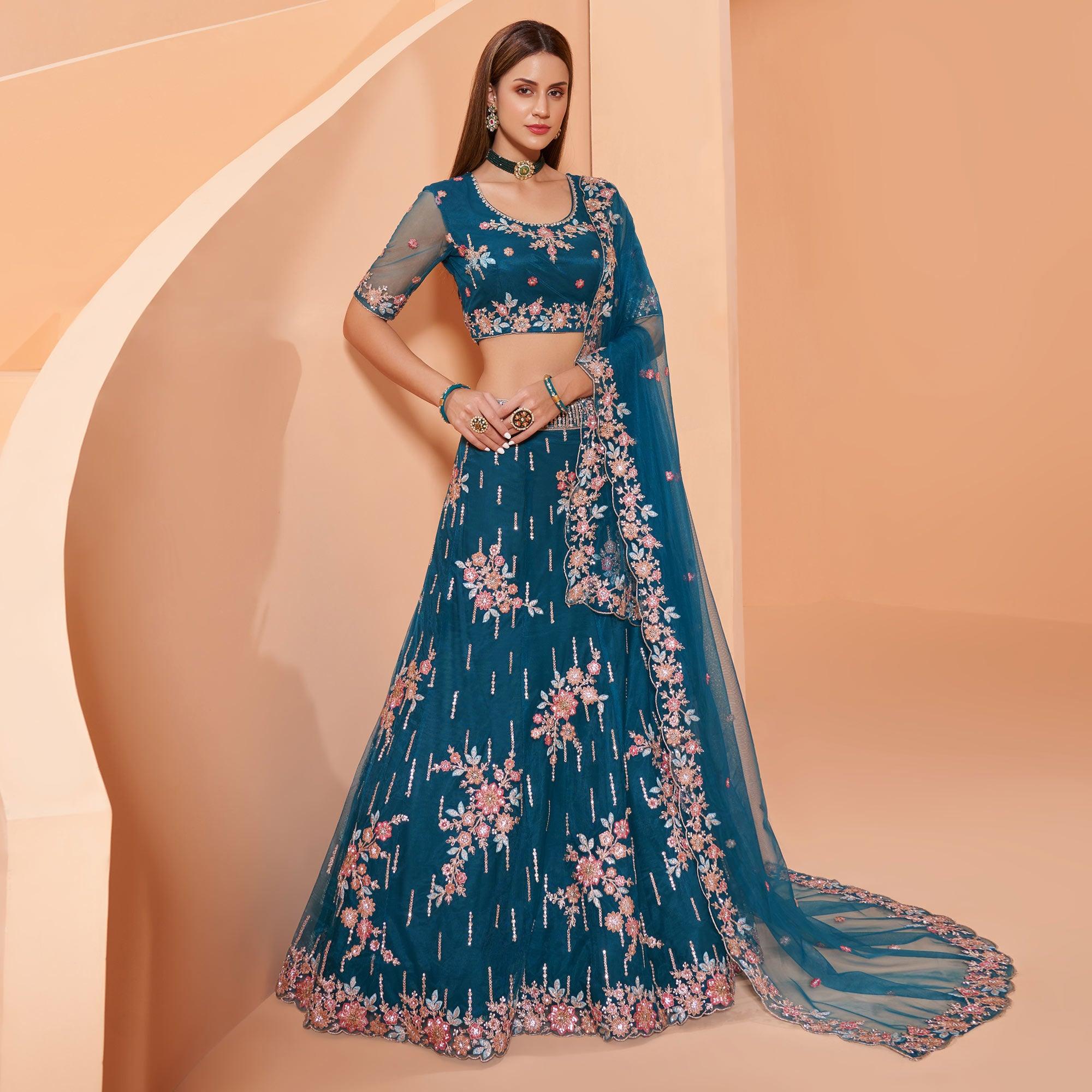 Cerulean Blue Partywear Floral Embroidered Embellished Net Lehenga Choli - Peachmode