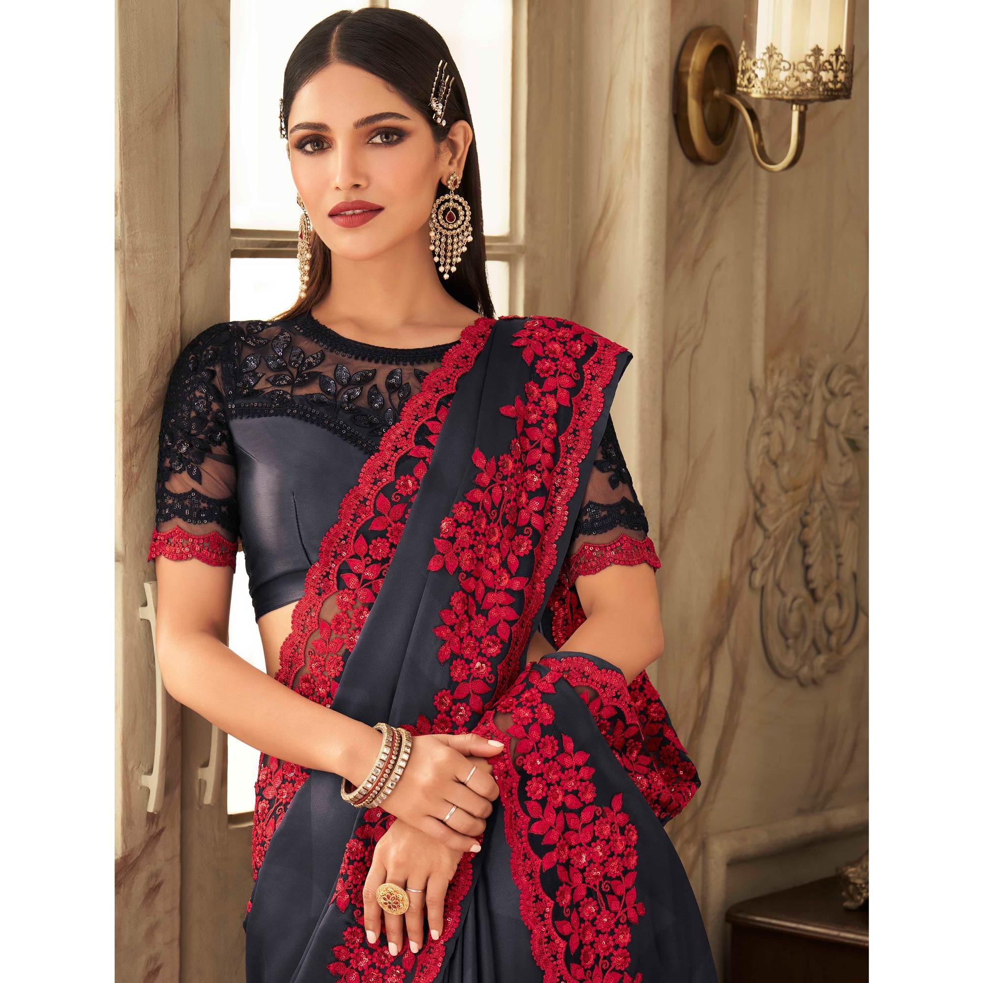 Charcoal Grey Partywear Sequence Embroidered Silk Saree - Peachmode