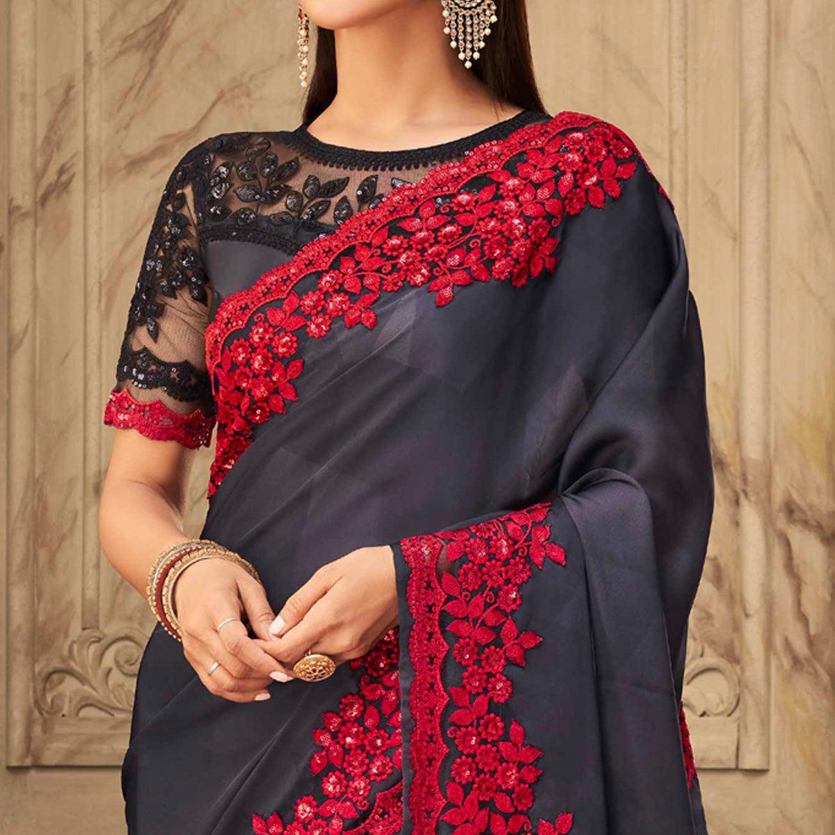 Charcoal Grey Partywear Sequence Embroidered Silk Saree - Peachmode