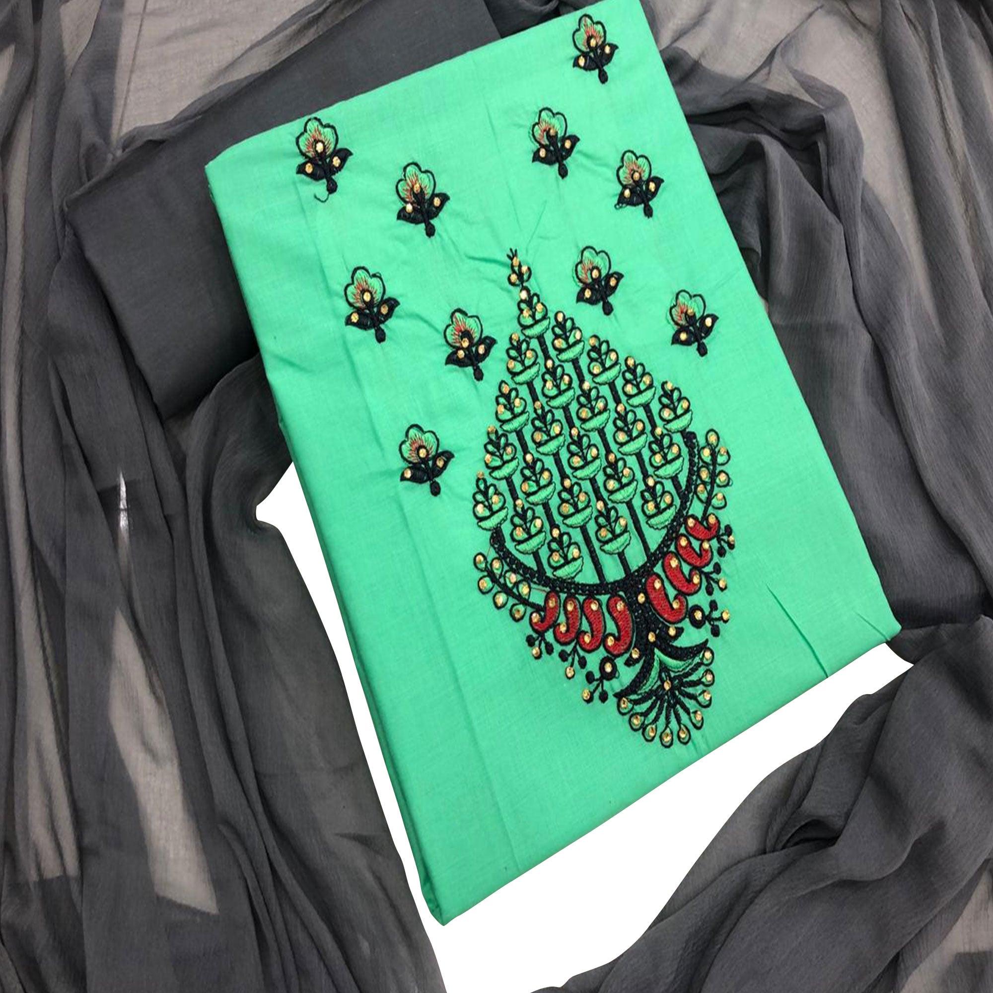 Charming Aqua Green Colored Casual Wear Embroidered Cotton Dress Material - Peachmode