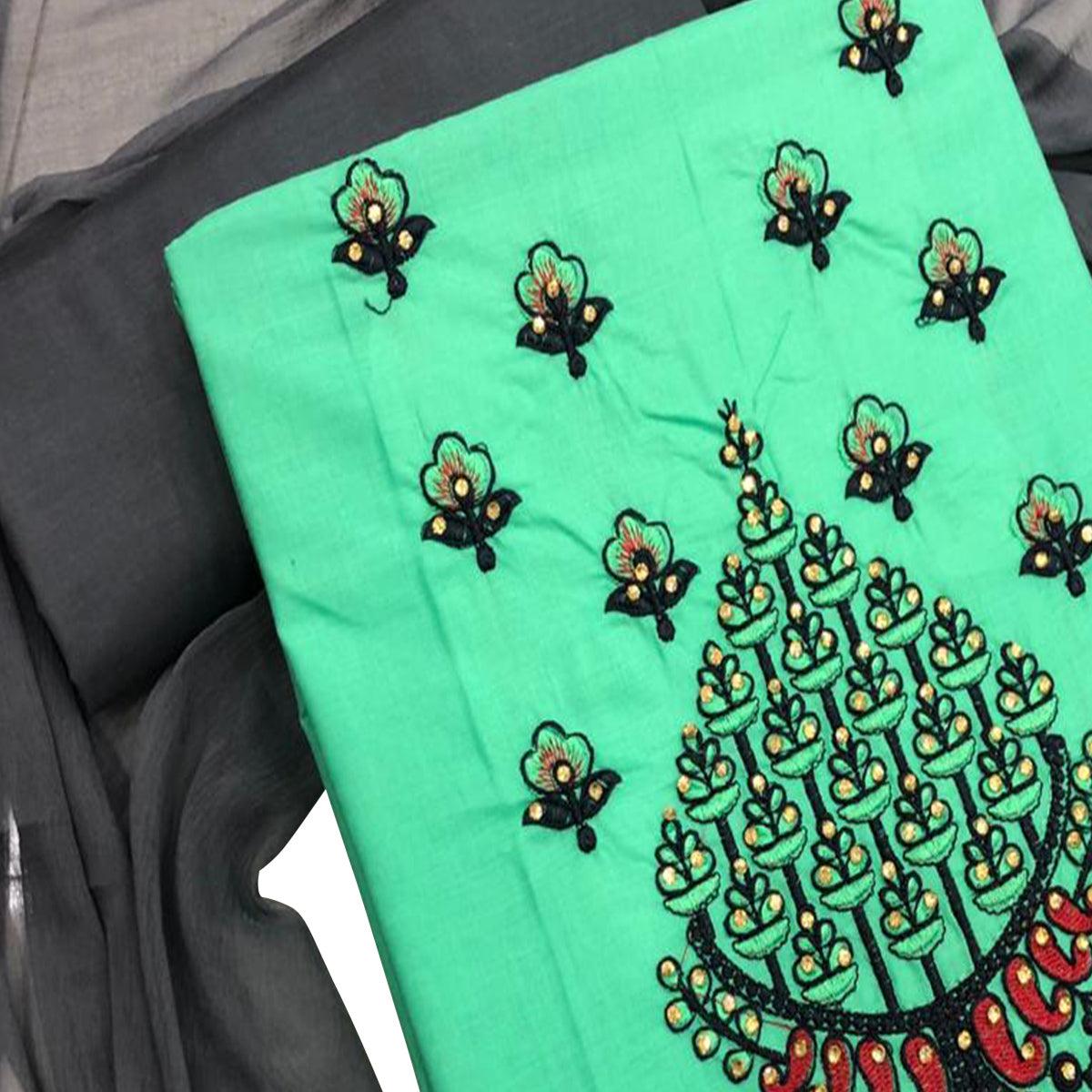 Charming Aqua Green Colored Casual Wear Embroidered Cotton Dress Material - Peachmode