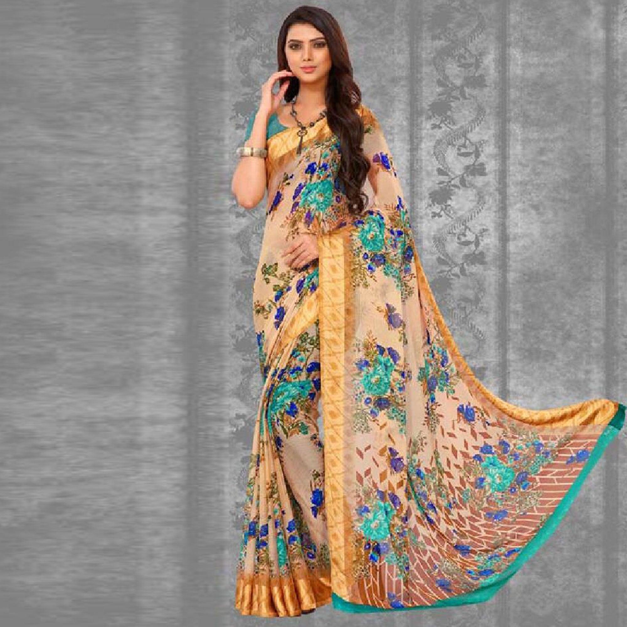 Charming Beige-Blue Colored Casual Wear Floral Printed Chiffon Saree - Peachmode