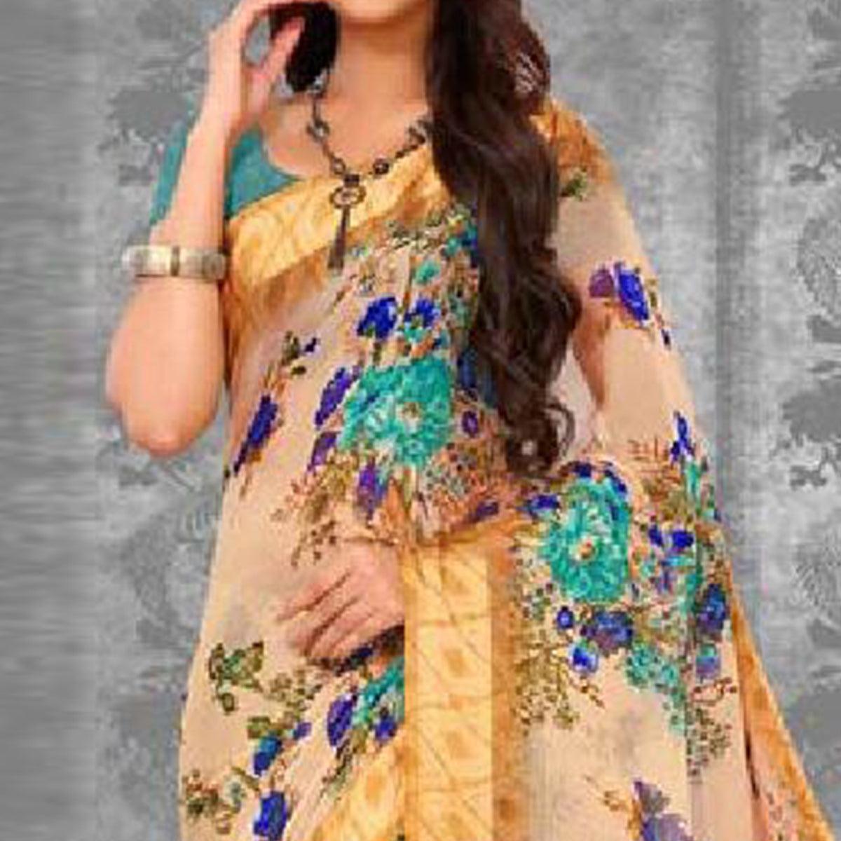 Charming Beige-Blue Colored Casual Wear Floral Printed Chiffon Saree - Peachmode