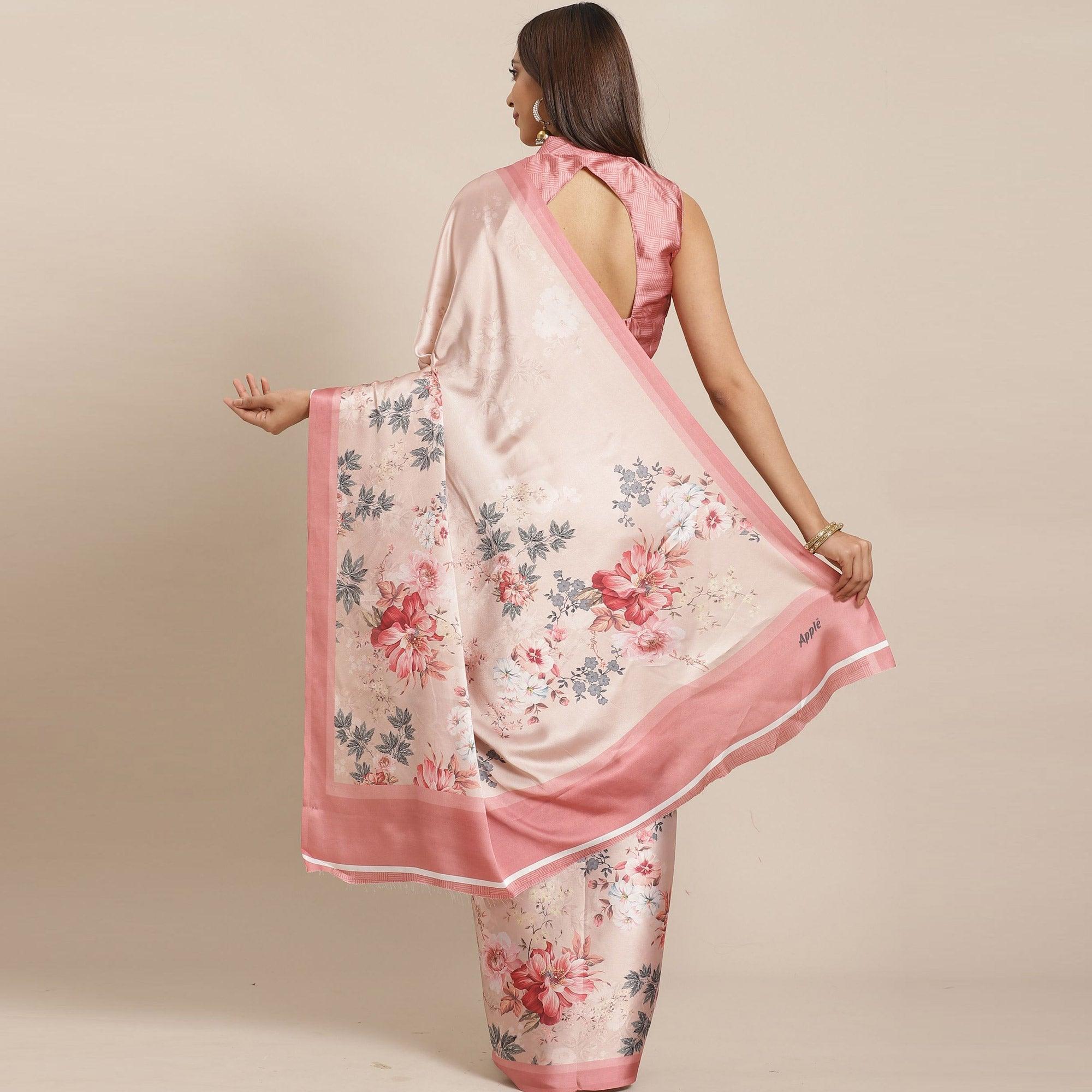 Charming Beige Colored Casual Wear Printed Satin Crepe Saree - Peachmode