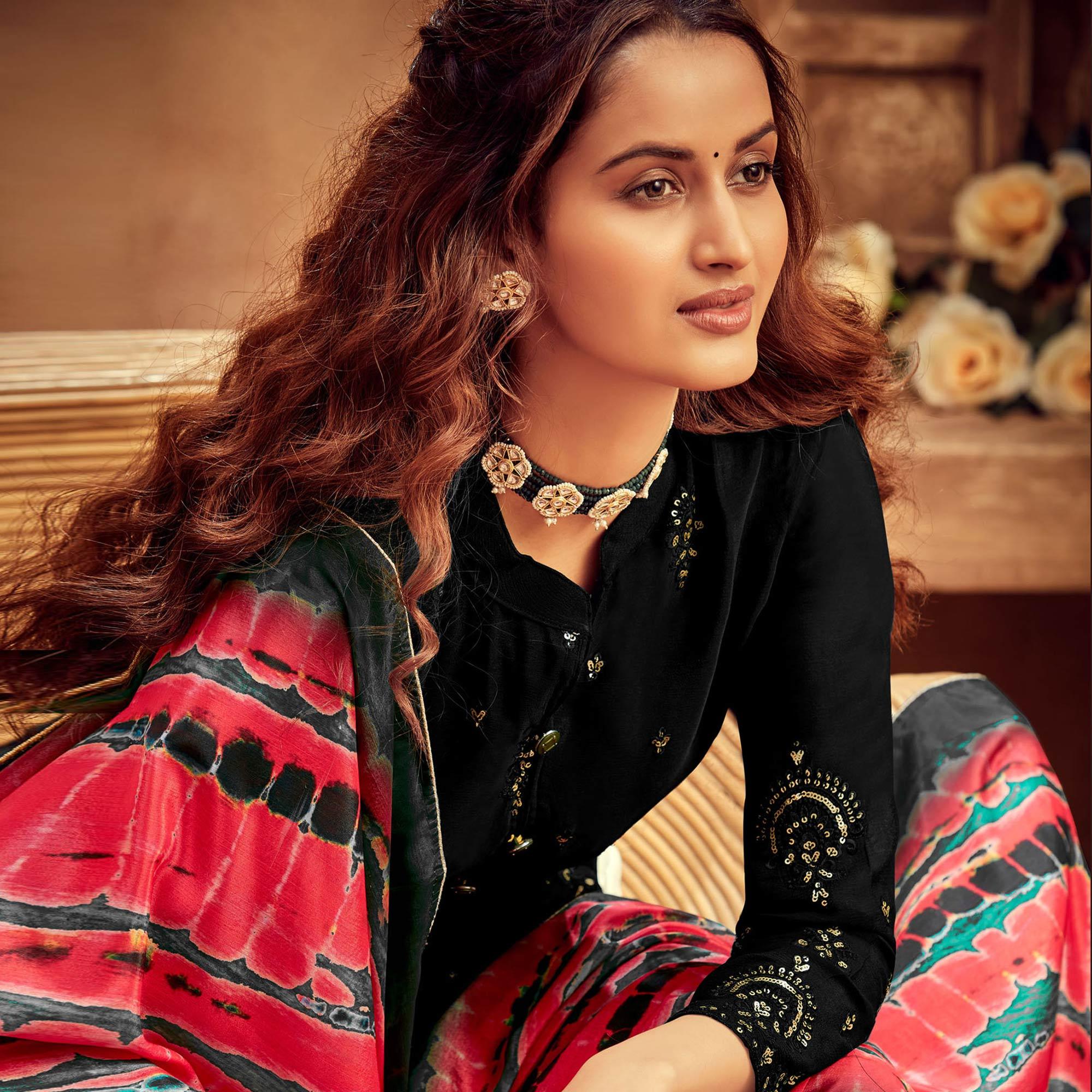 Charming Black Colored Embroidered Designer Partywear Heavy Faux Georgettesuit - Peachmode