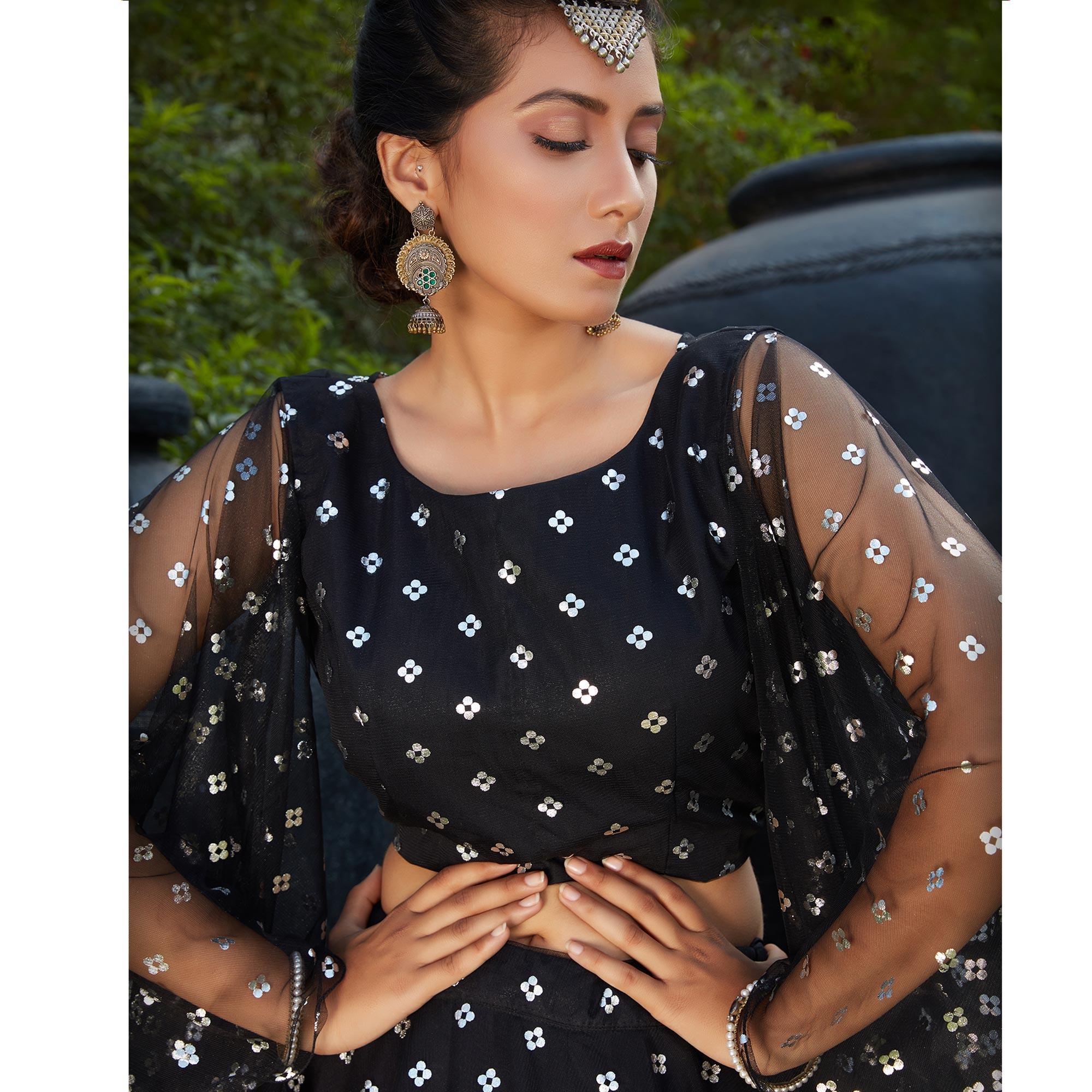 Charming Black Coloured Metallic Foil Printed Net Lehenga Choli - Peachmode