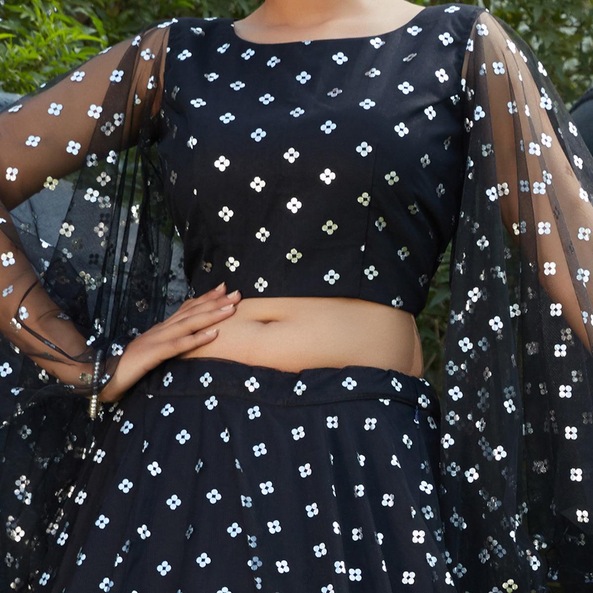 Charming Black Coloured Metallic Foil Printed Net Lehenga Choli - Peachmode