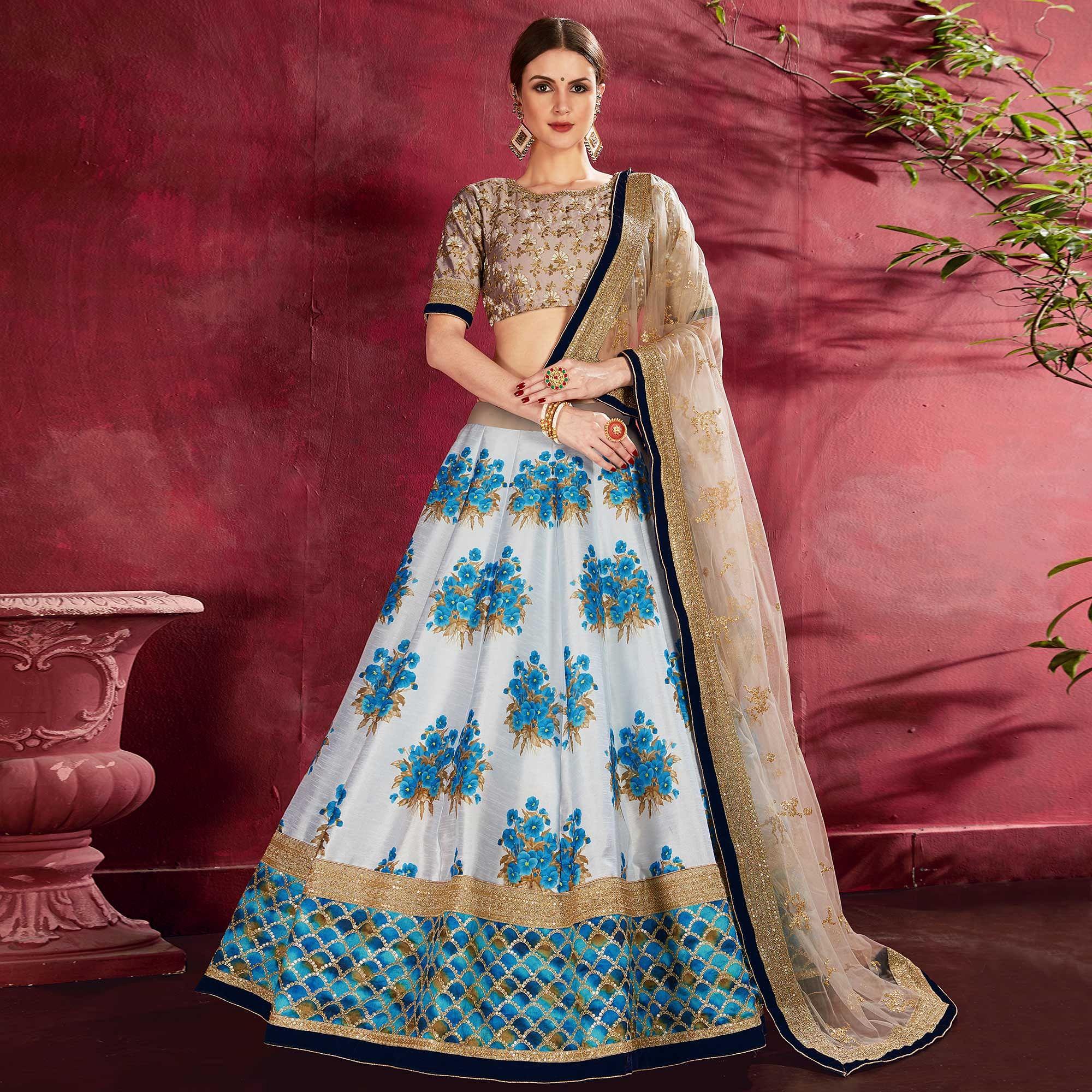 Charming Blue Colored Designer Digital Print And Embroidered Banglori Silk Lehenga Choli - Peachmode