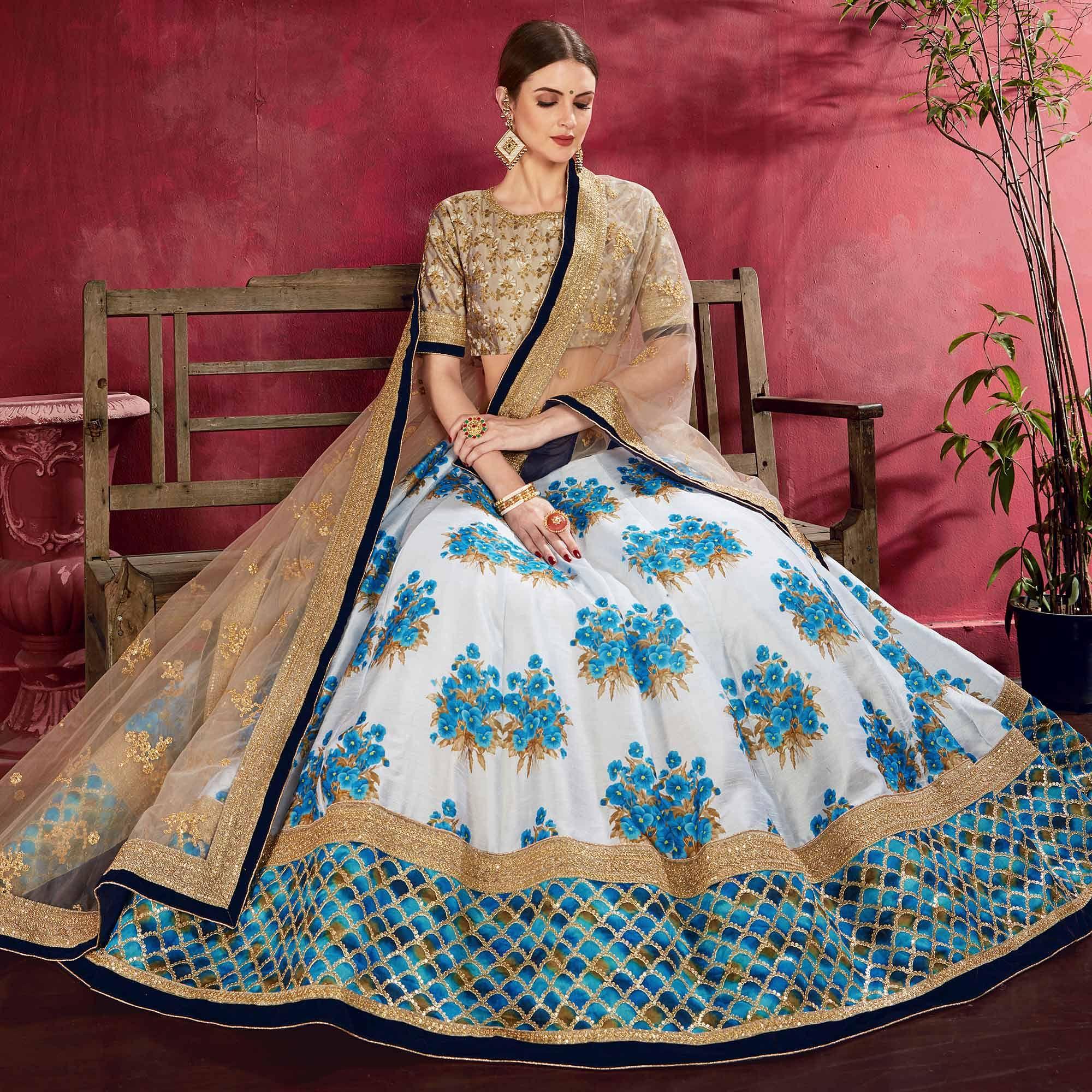 Charming Blue Colored Designer Digital Print And Embroidered Banglori Silk Lehenga Choli - Peachmode