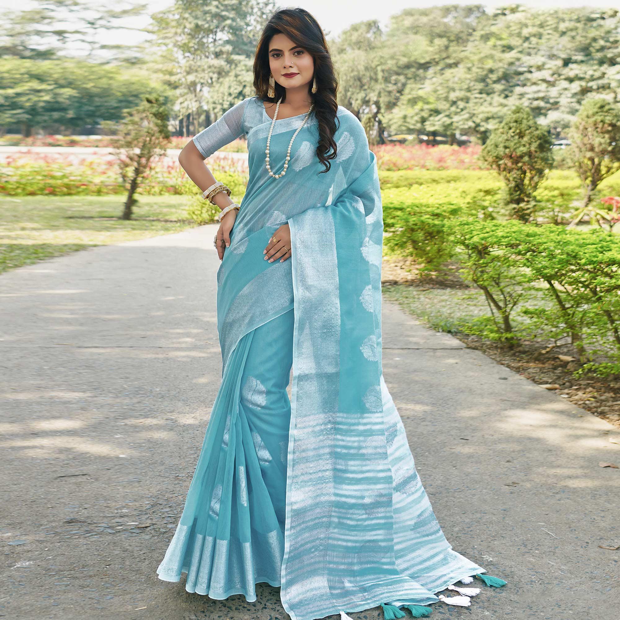 Charming Blue Colored Festive Wear Woven Linen Cotton Saree - Peachmode