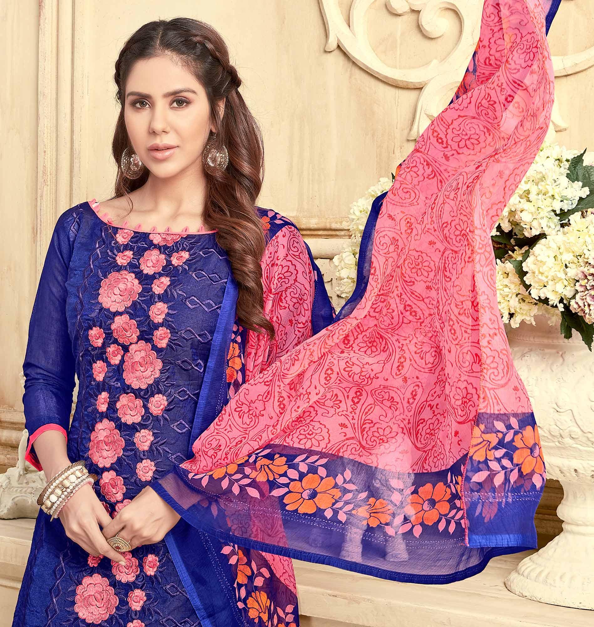 Charming Blue Colored Partywear Embroidered Chanderi Suit - Peachmode