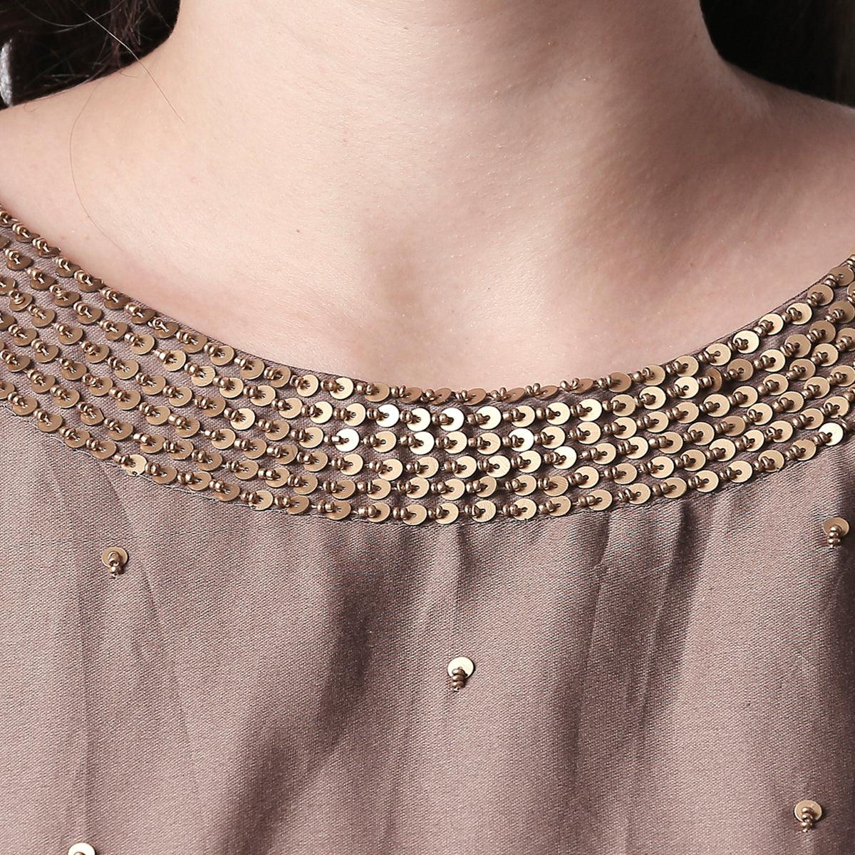 Charming Brown Colored Casual Embroidered Silk Kurti-Sharara Set - Peachmode