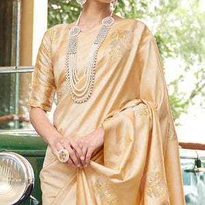 Charming Cream Colored Zari Work Festive Wear Banarasi Silk Saree - Peachmode