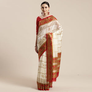 Charming Cream-Red Colored Festive Wear Cheked Foli Print Patola Silk Saree - Peachmode