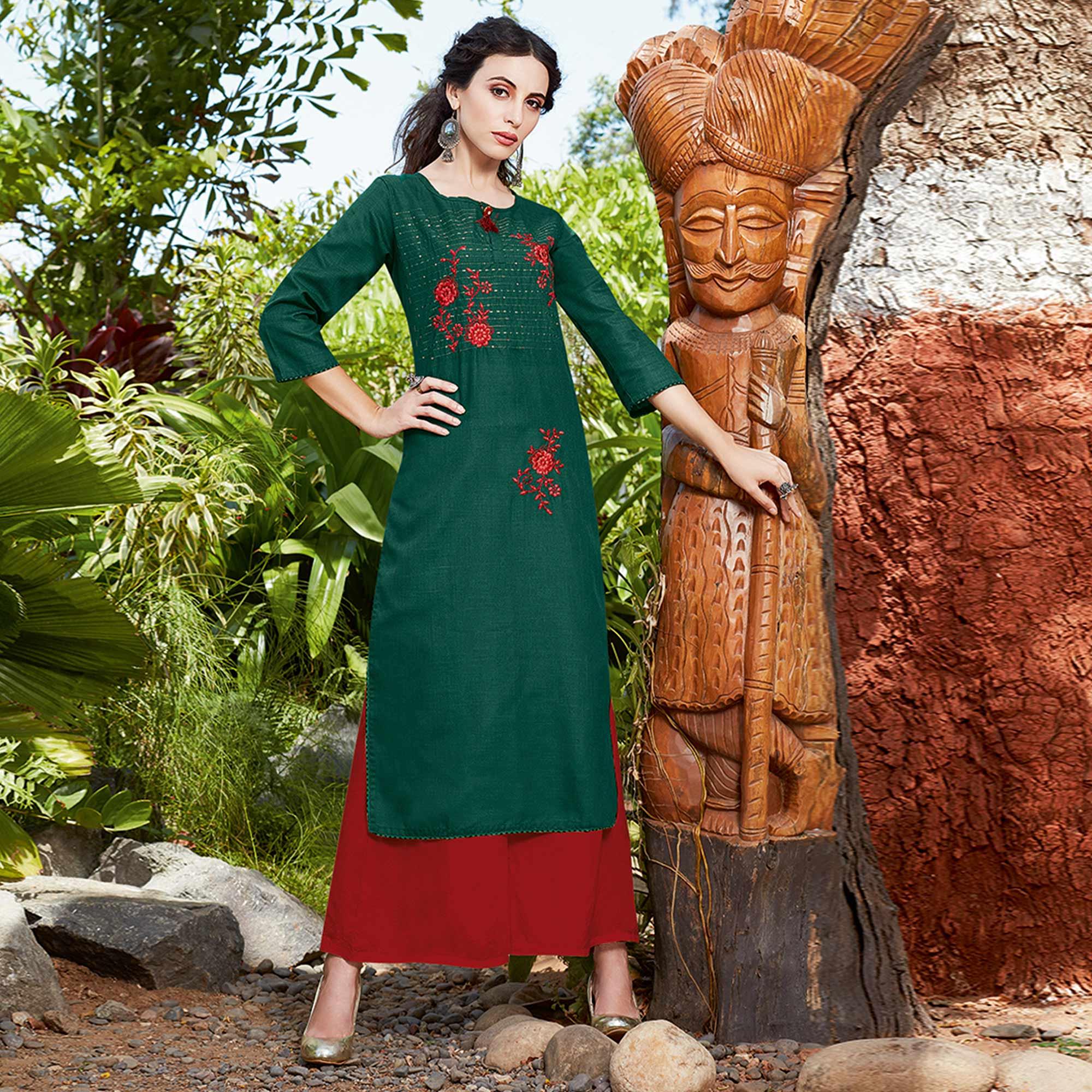 Charming Dark Green Colored Casual Wear Embroidered Cotton Sulb Kurti - Peachmode