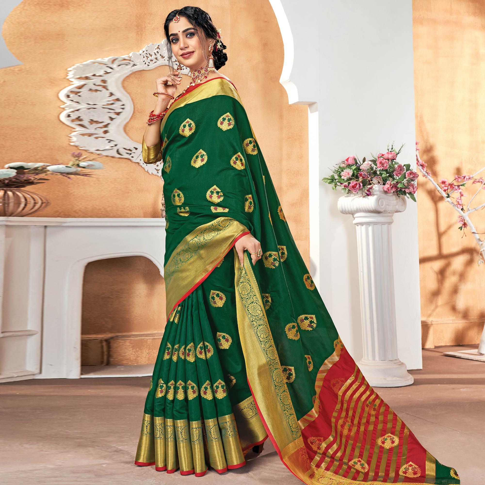 Charming Dark Green Colored Festive Wear Woven Silk Saree - Peachmode