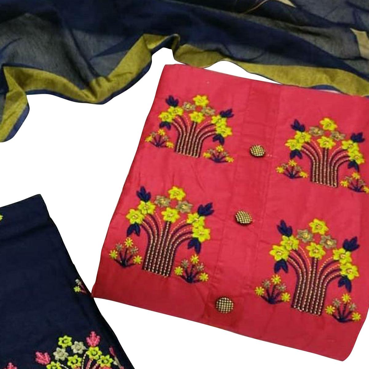 Charming Dark Peach Colored Casual Wear Embroidered Cotton Dress Material - Peachmode