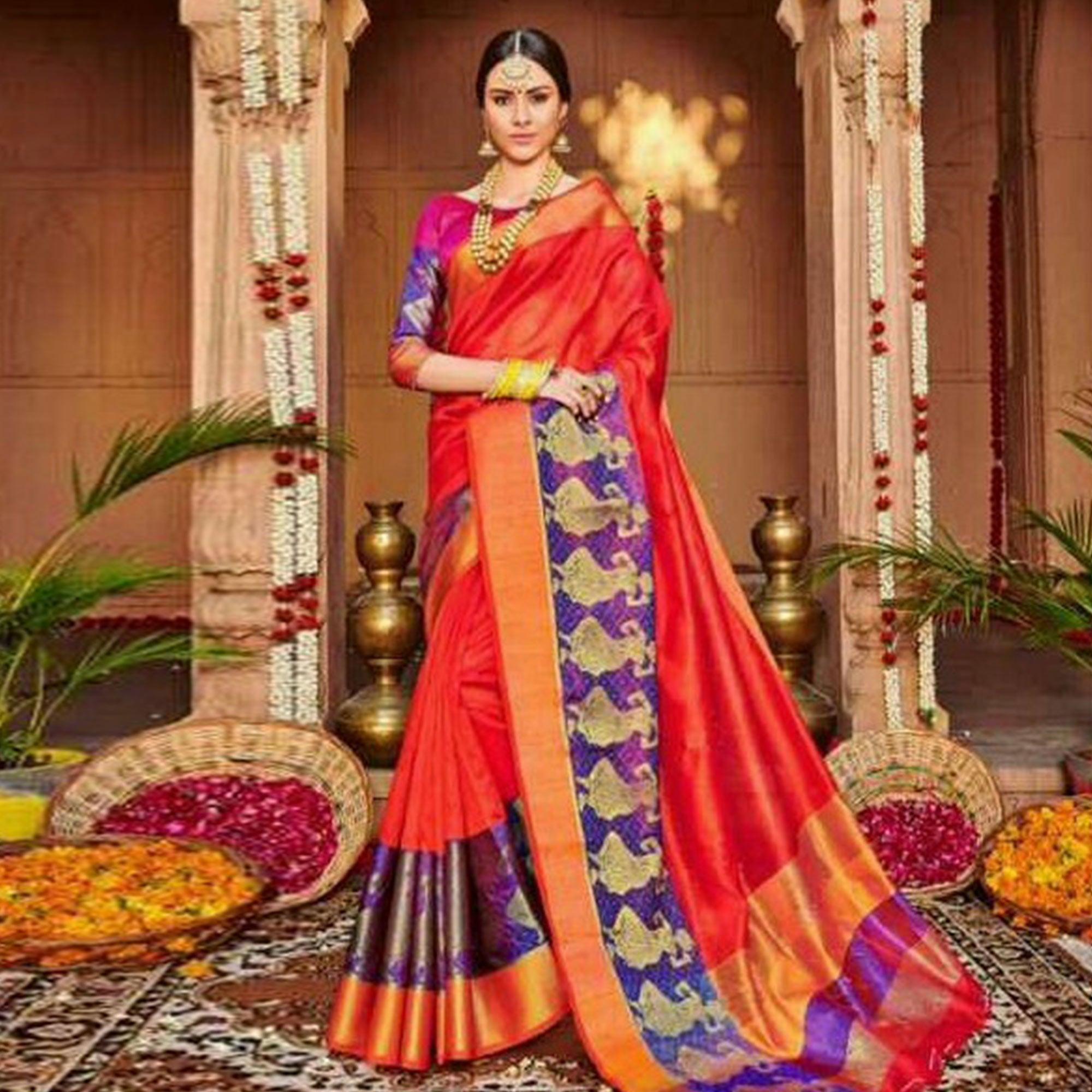 Charming Dark Red Colored Festive Wear Woven Art Silk Saree - Peachmode