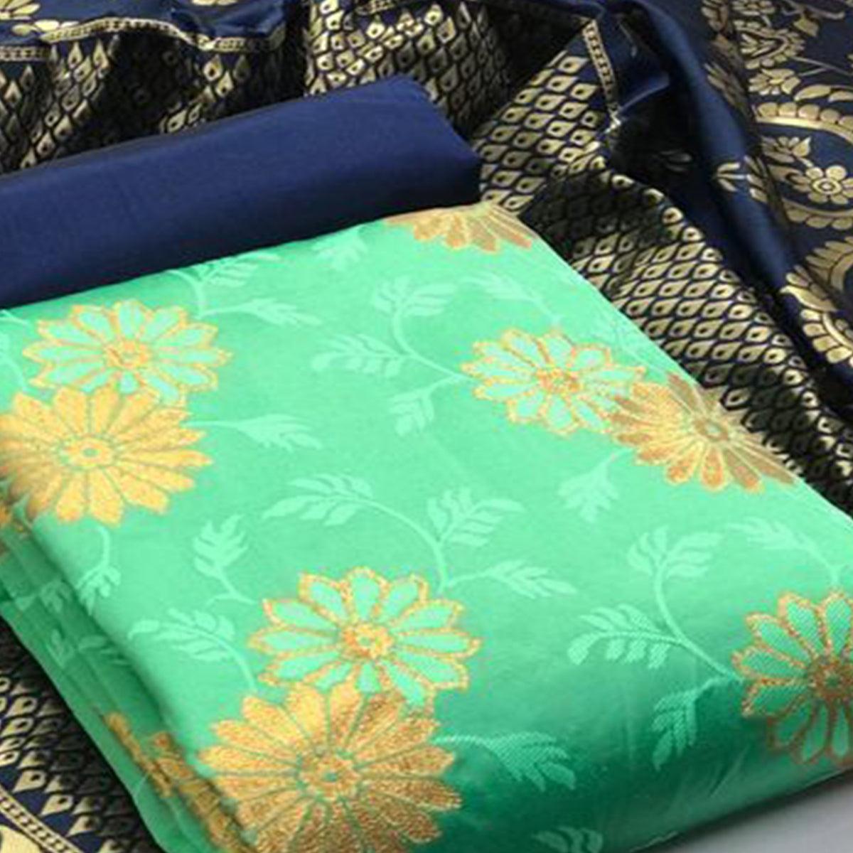 Charming Green Colored Casual Wear Woven Banarasi Silk Dress Material - Peachmode