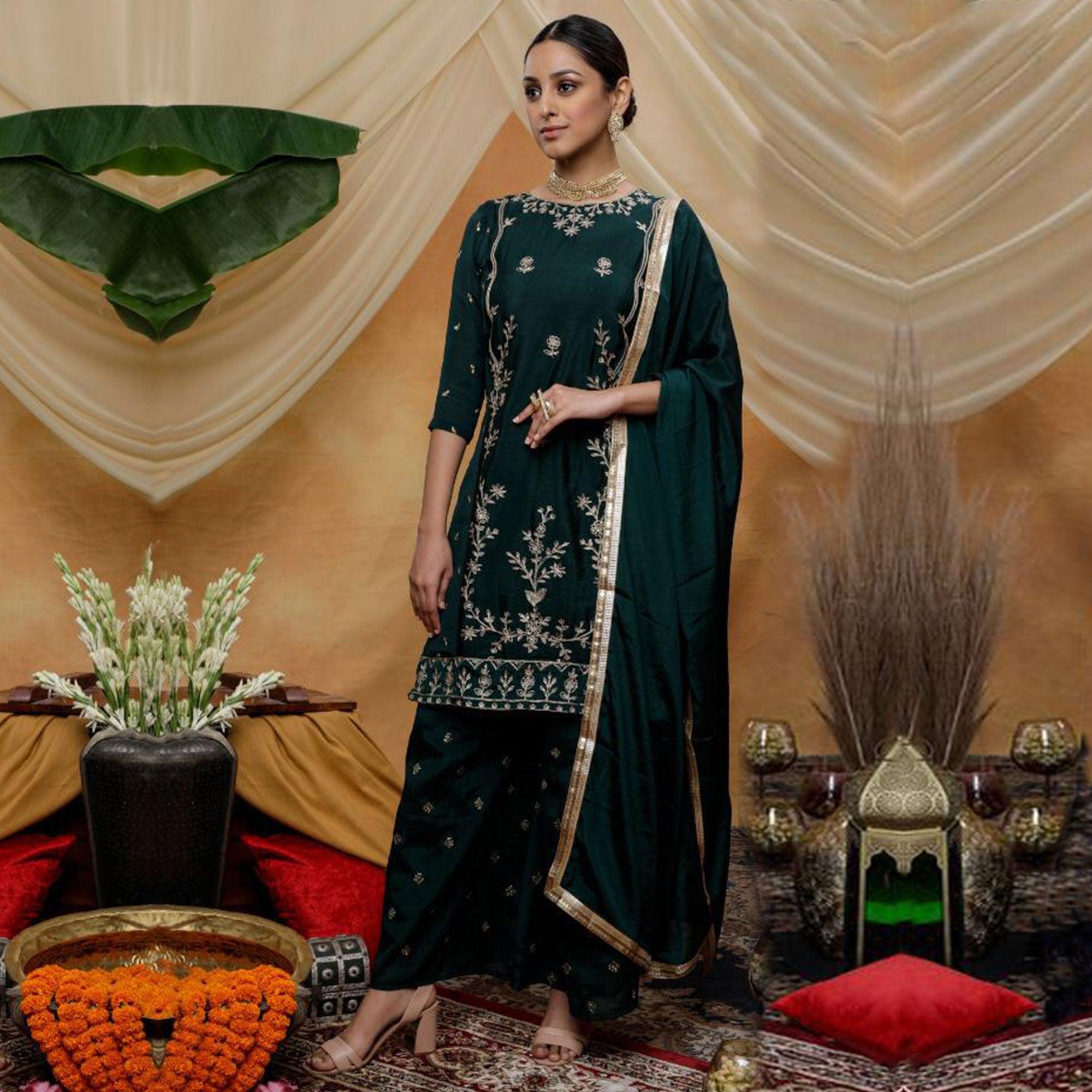 Charming Green Colored Party Wear Embroidered Art Silk Palazzo Suit - Peachmode